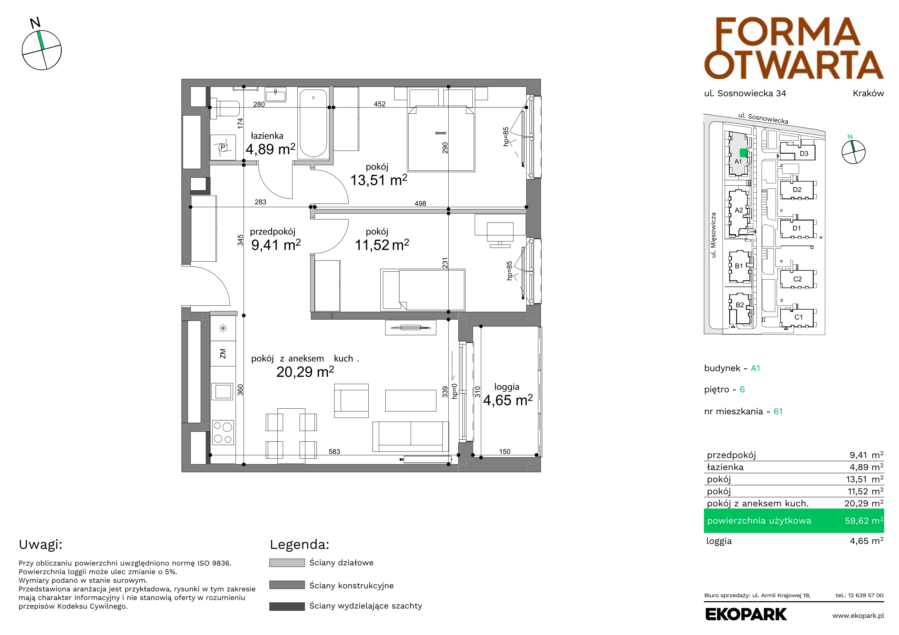 3 pokoje, mieszkanie 59,62 m², piętro 6, oferta nr A1-61, Forma Otwarta, Kraków, Bronowice, Bronowice Wielkie, ul. Sosnowiecka