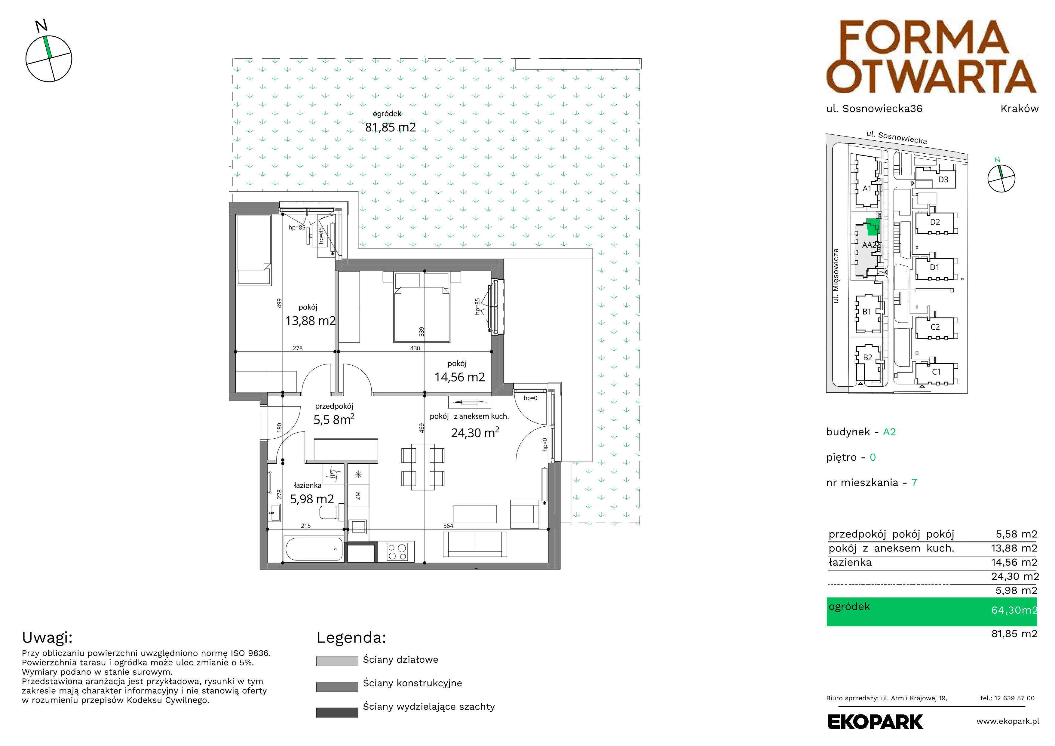 3 pokoje, mieszkanie 64,30 m², parter, oferta nr A2-7, Forma Otwarta, Kraków, Bronowice, Bronowice Wielkie, ul. Sosnowiecka