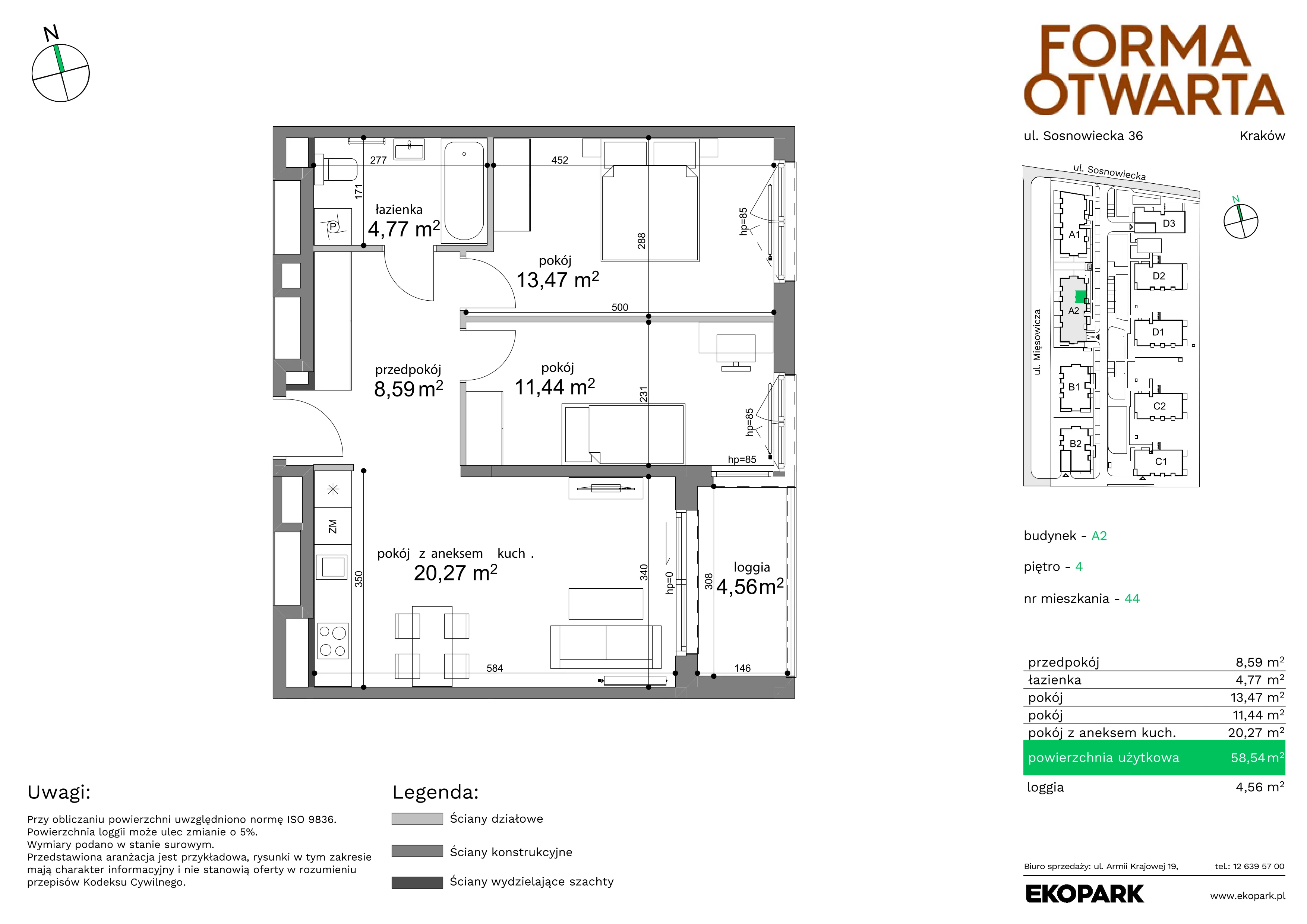 3 pokoje, mieszkanie 58,54 m², piętro 4, oferta nr A2-44, Forma Otwarta, Kraków, Bronowice, Bronowice Wielkie, ul. Sosnowiecka