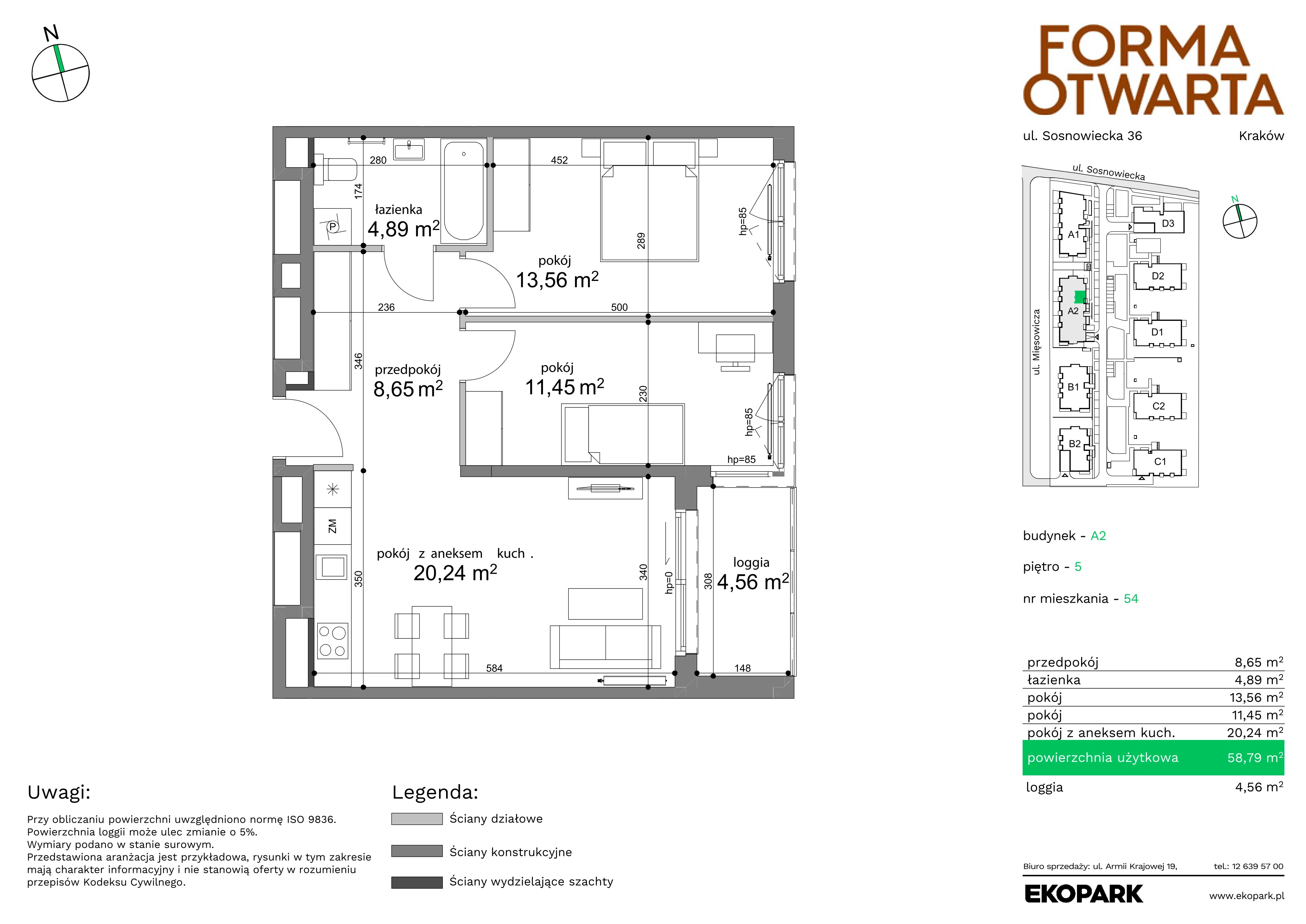 3 pokoje, mieszkanie 58,79 m², piętro 5, oferta nr A2-54, Forma Otwarta, Kraków, Bronowice, Bronowice Wielkie, ul. Sosnowiecka