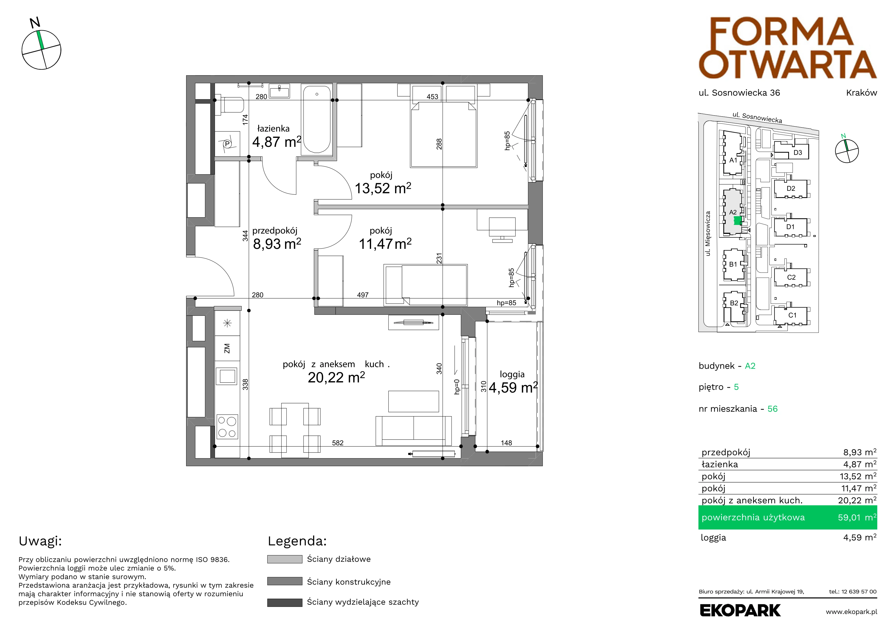 3 pokoje, mieszkanie 59,01 m², piętro 5, oferta nr A2-56, Forma Otwarta, Kraków, Bronowice, Bronowice Wielkie, ul. Sosnowiecka