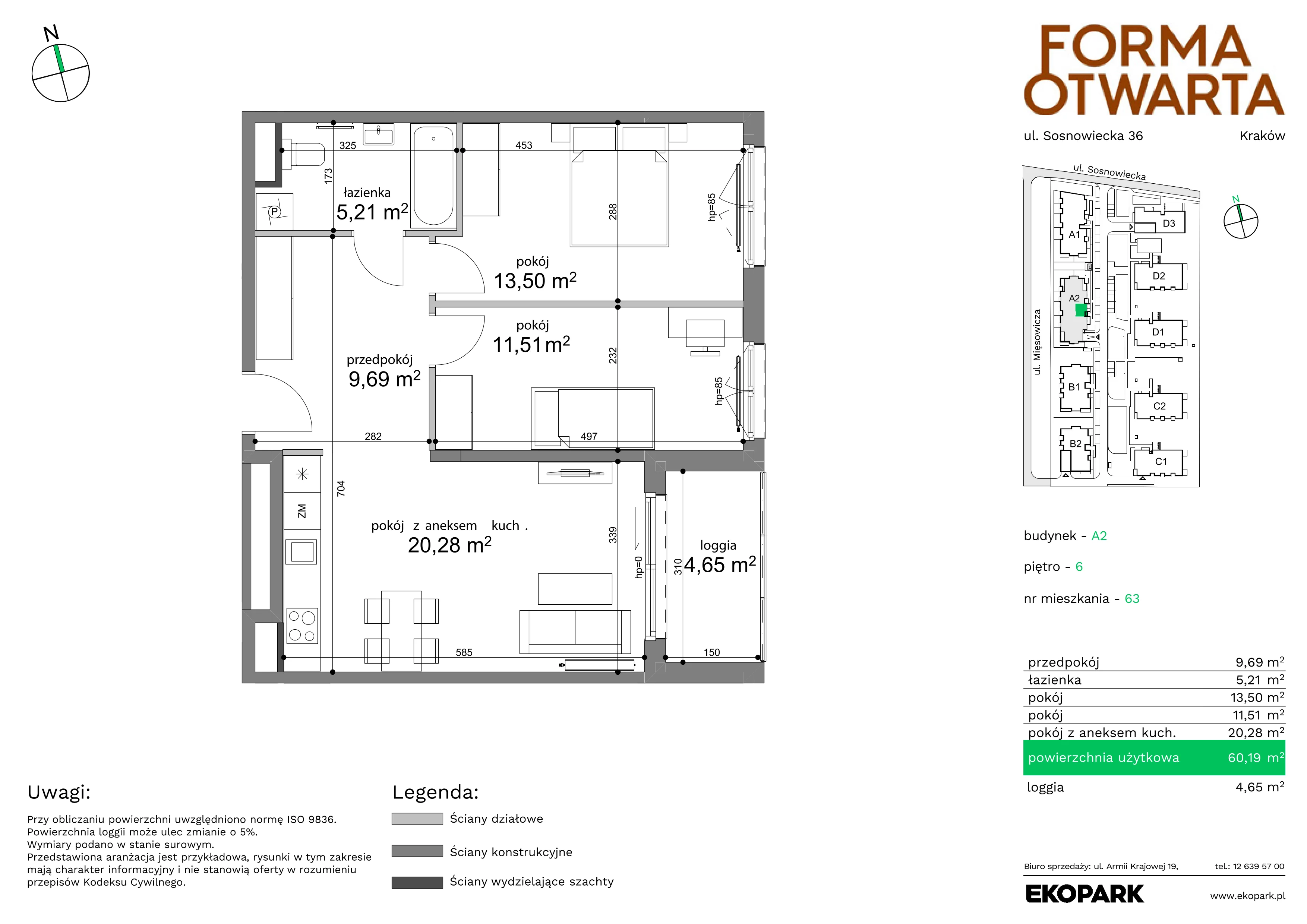 3 pokoje, mieszkanie 60,19 m², piętro 6, oferta nr A2-63, Forma Otwarta, Kraków, Bronowice, Bronowice Wielkie, ul. Sosnowiecka