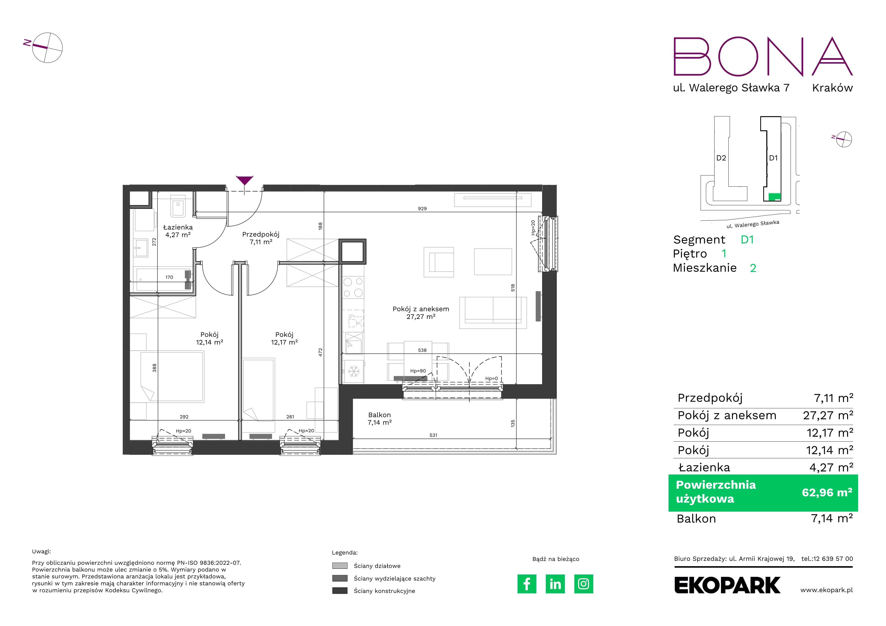 3 pokoje, mieszkanie 62,96 m², piętro 1, oferta nr 2, BONA, Kraków, Podgórze Duchackie, ul. Walerego Sławka 7
