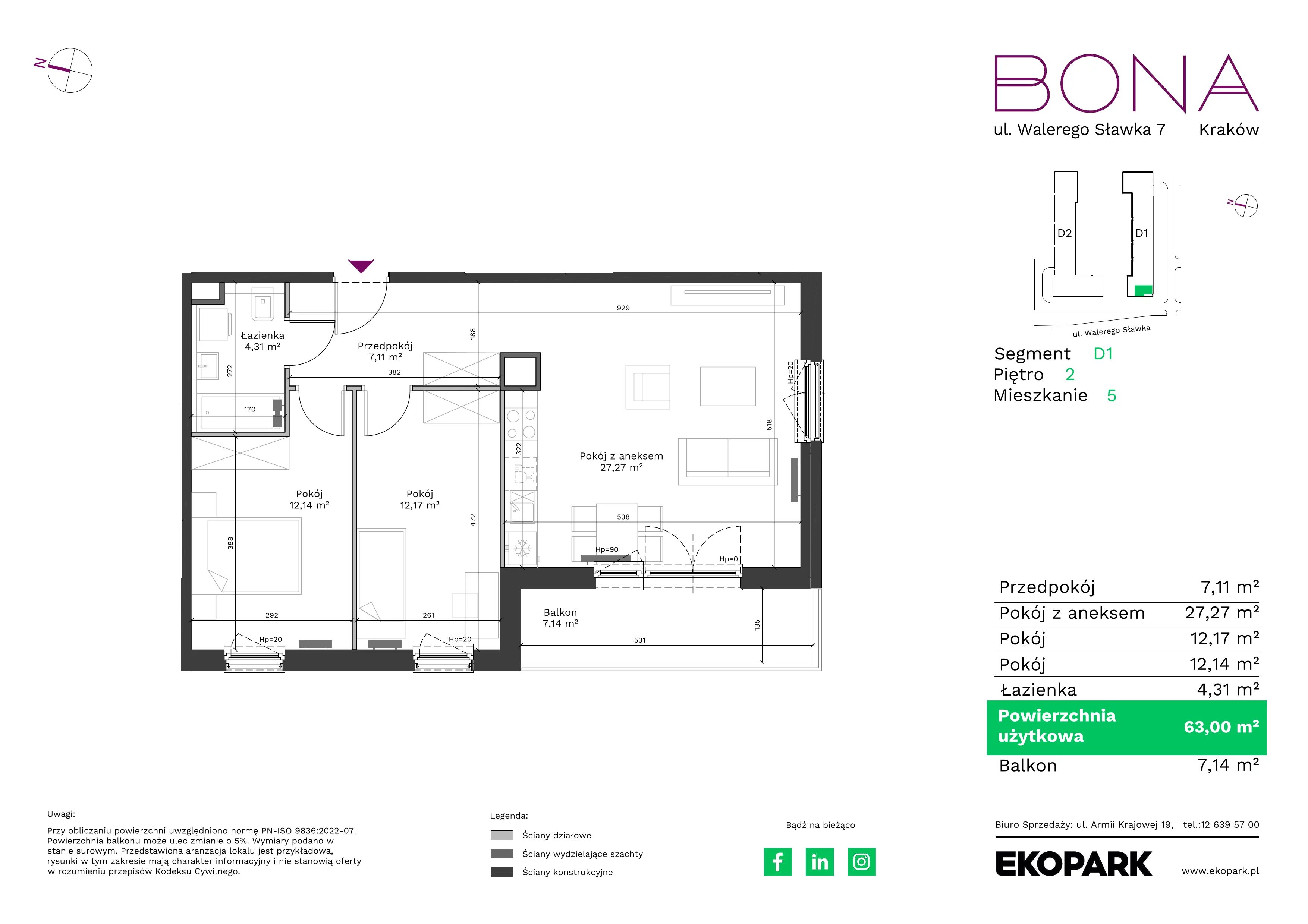 3 pokoje, mieszkanie 63,00 m², piętro 2, oferta nr 5, BONA, Kraków, Podgórze Duchackie, ul. Walerego Sławka 7