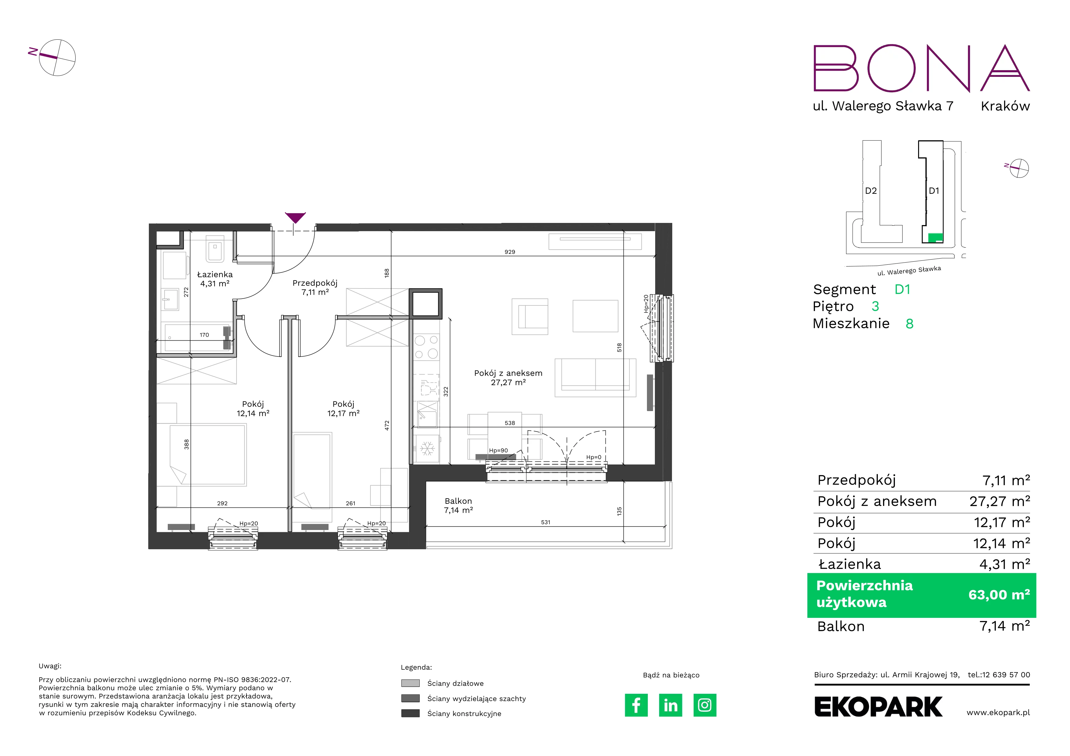 3 pokoje, mieszkanie 63,00 m², piętro 3, oferta nr 8, BONA, Kraków, Podgórze Duchackie, ul. Walerego Sławka 7