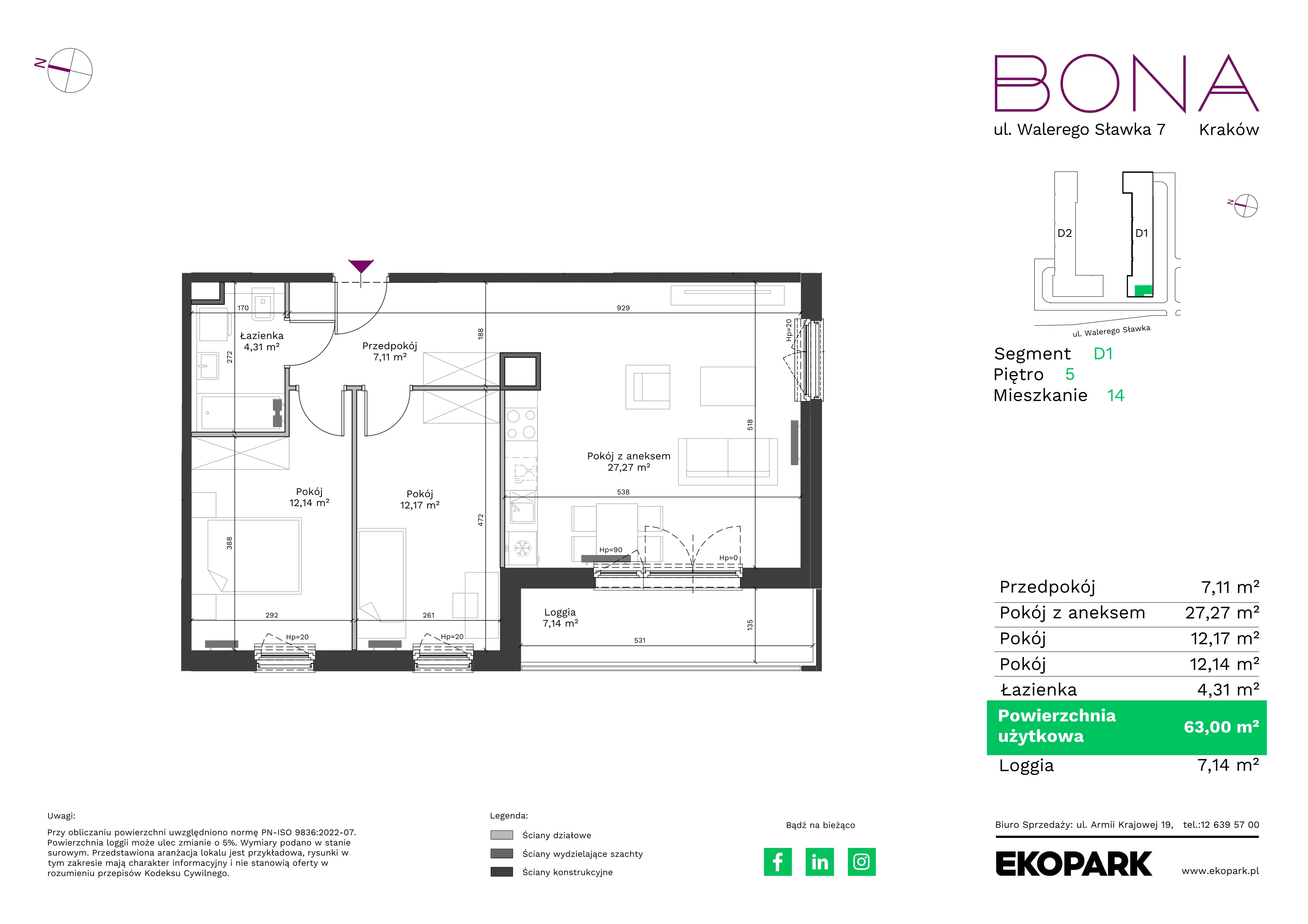 3 pokoje, mieszkanie 63,00 m², piętro 5, oferta nr 14, BONA, Kraków, Podgórze Duchackie, ul. Walerego Sławka 7