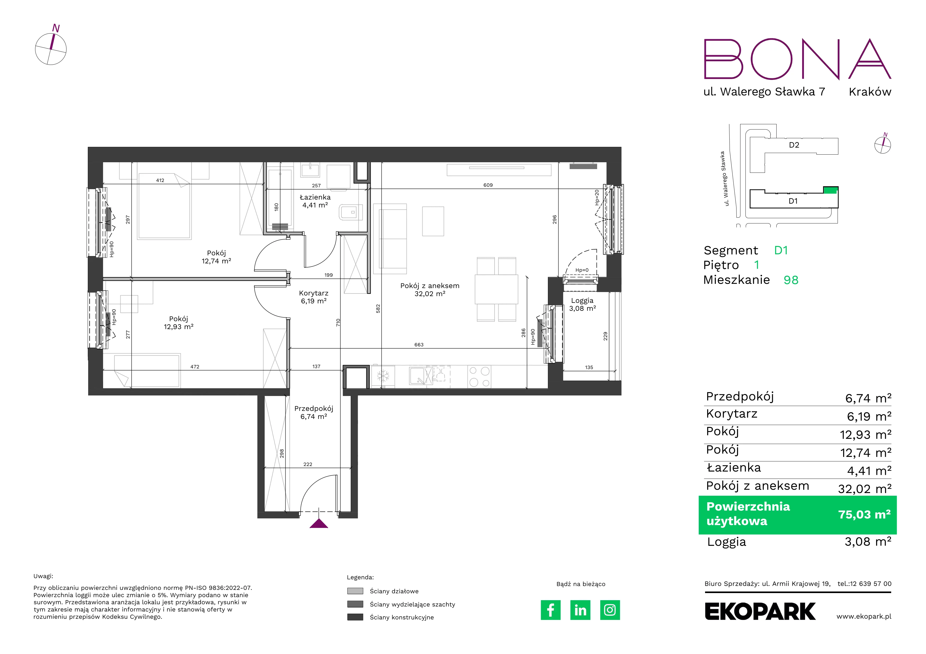 3 pokoje, mieszkanie 75,03 m², piętro 1, oferta nr 98, BONA, Kraków, Podgórze Duchackie, ul. Walerego Sławka 7