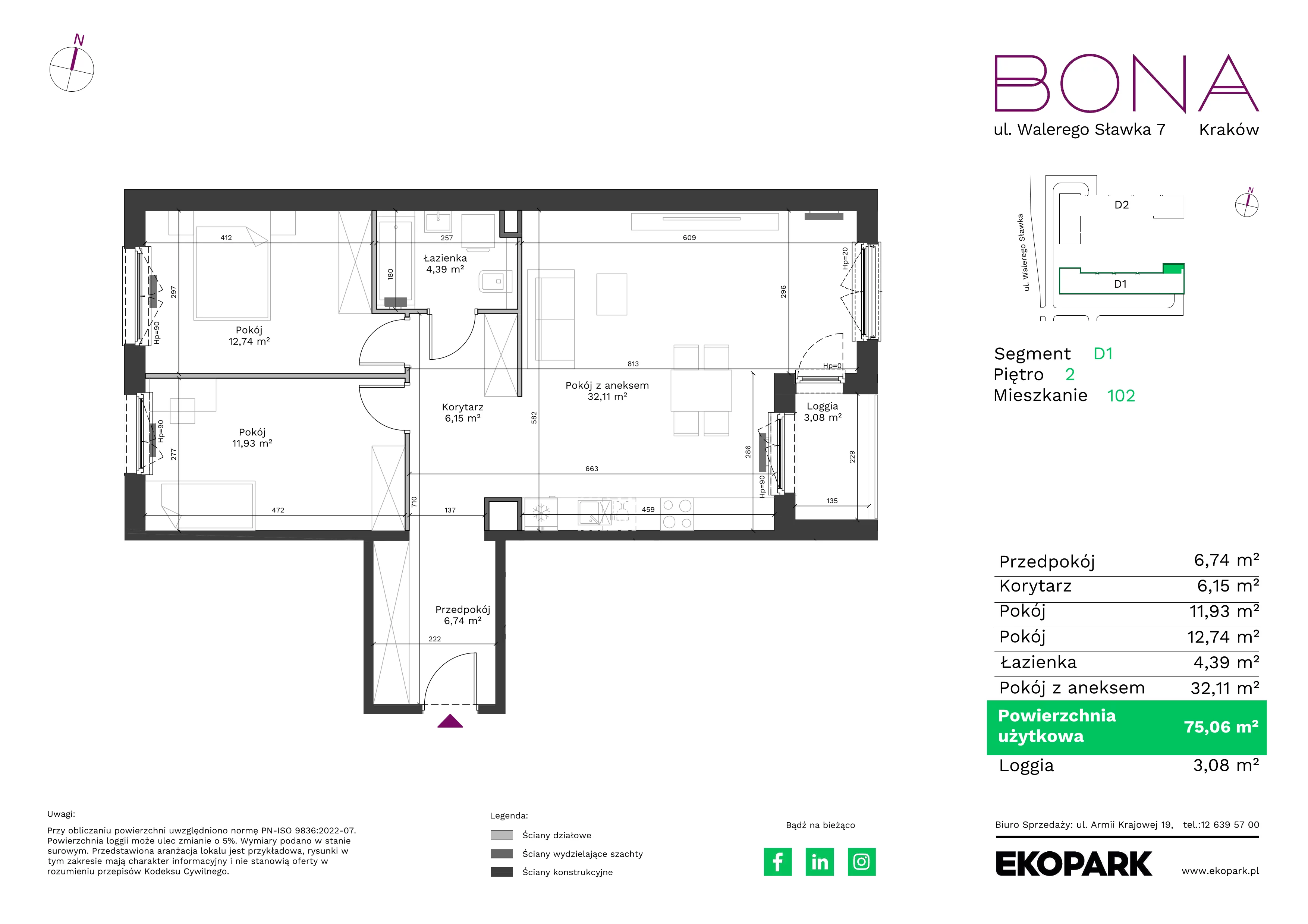 3 pokoje, mieszkanie 75,06 m², piętro 2, oferta nr 102, BONA, Kraków, Podgórze Duchackie, ul. Walerego Sławka 7