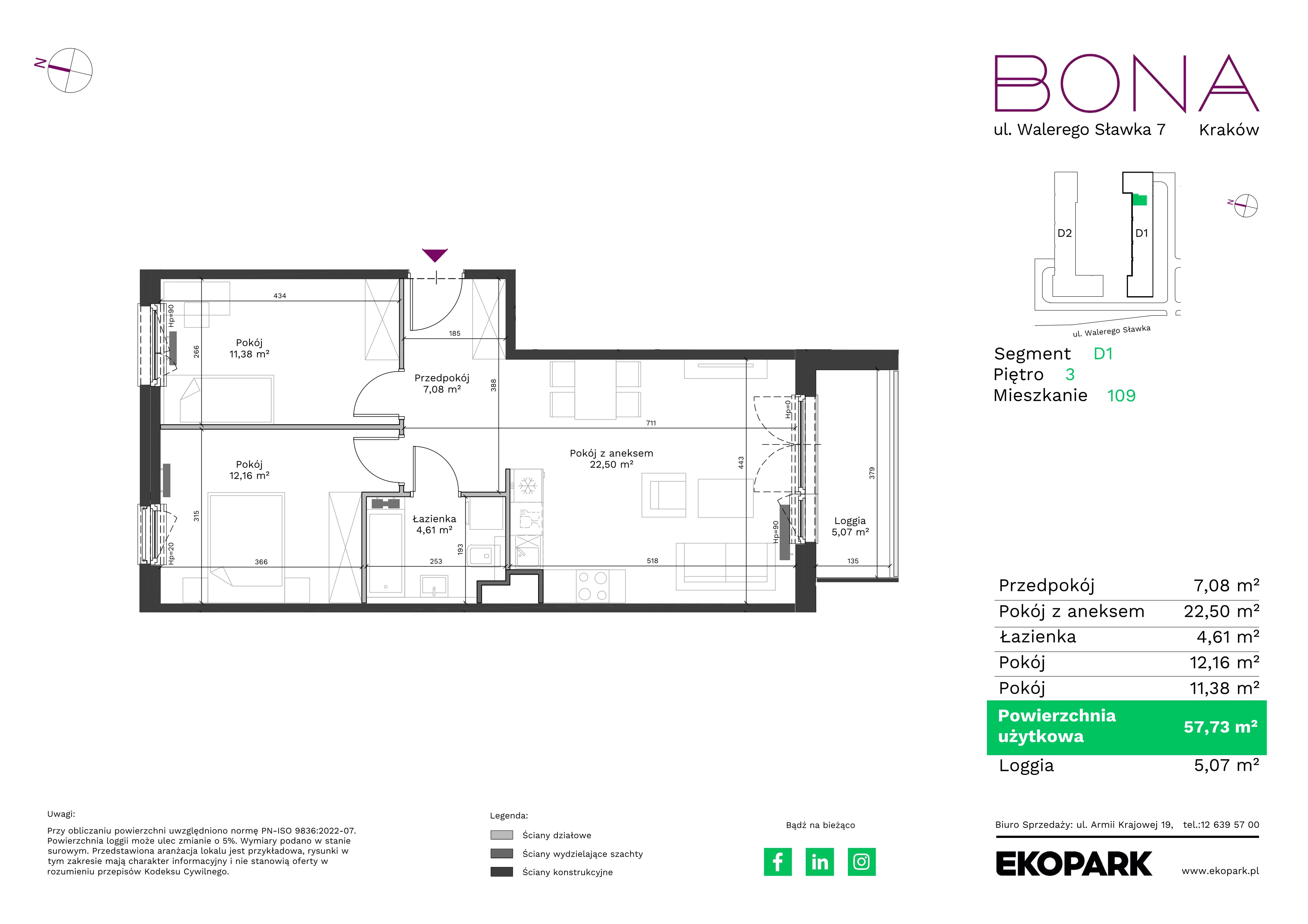 3 pokoje, mieszkanie 57,73 m², piętro 3, oferta nr 109, BONA, Kraków, Podgórze Duchackie, ul. Walerego Sławka 7