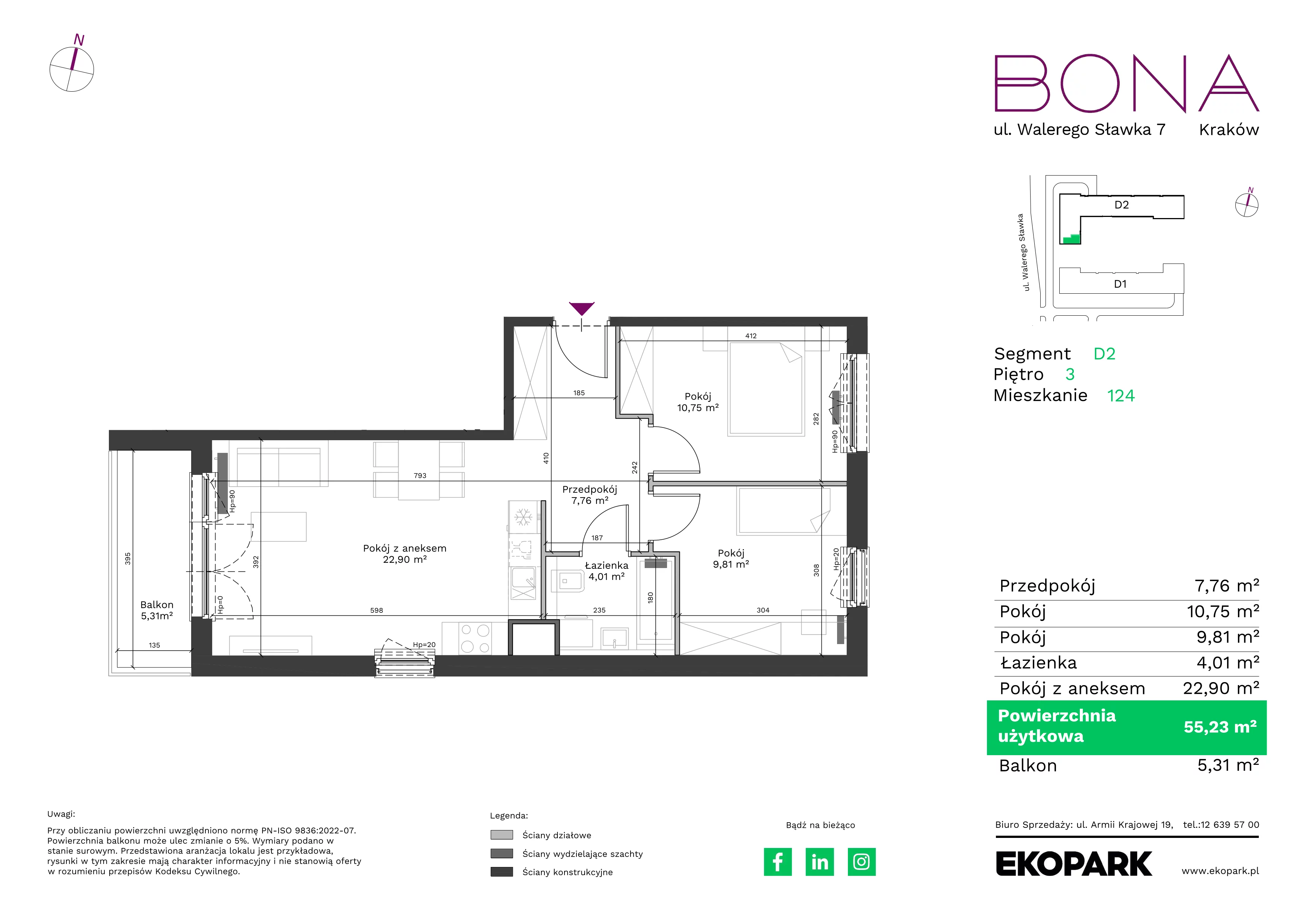 3 pokoje, mieszkanie 55,23 m², piętro 3, oferta nr 124, BONA, Kraków, Podgórze Duchackie, ul. Walerego Sławka 7