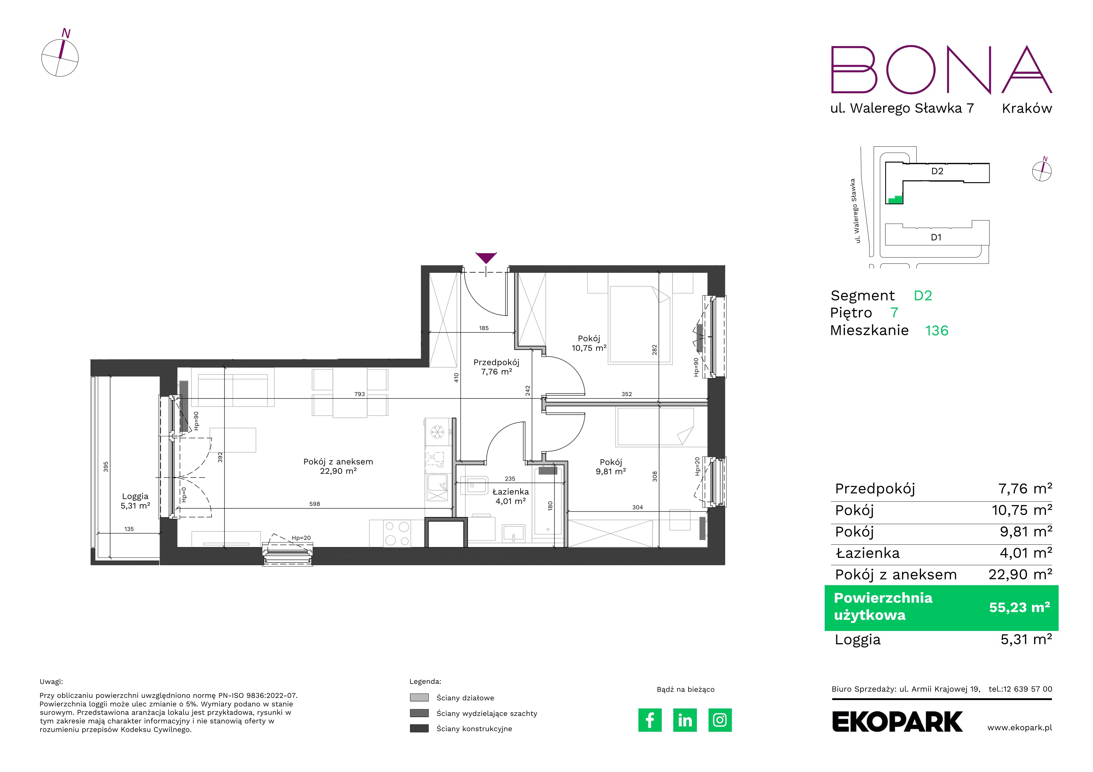 3 pokoje, mieszkanie 55,23 m², piętro 7, oferta nr 136, BONA, Kraków, Podgórze Duchackie, ul. Walerego Sławka 7