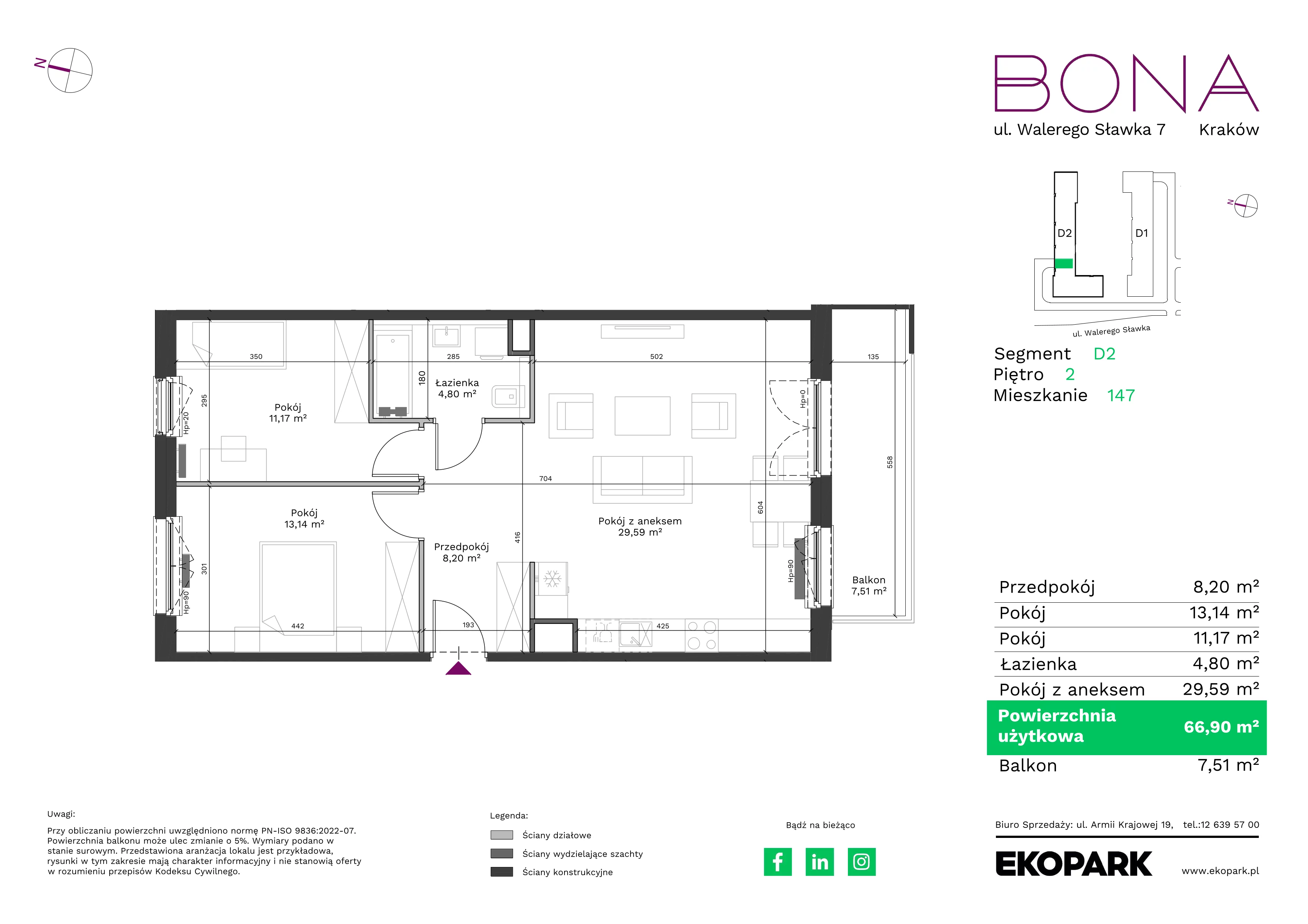 3 pokoje, mieszkanie 66,90 m², piętro 2, oferta nr 147, BONA, Kraków, Podgórze Duchackie, ul. Walerego Sławka 7