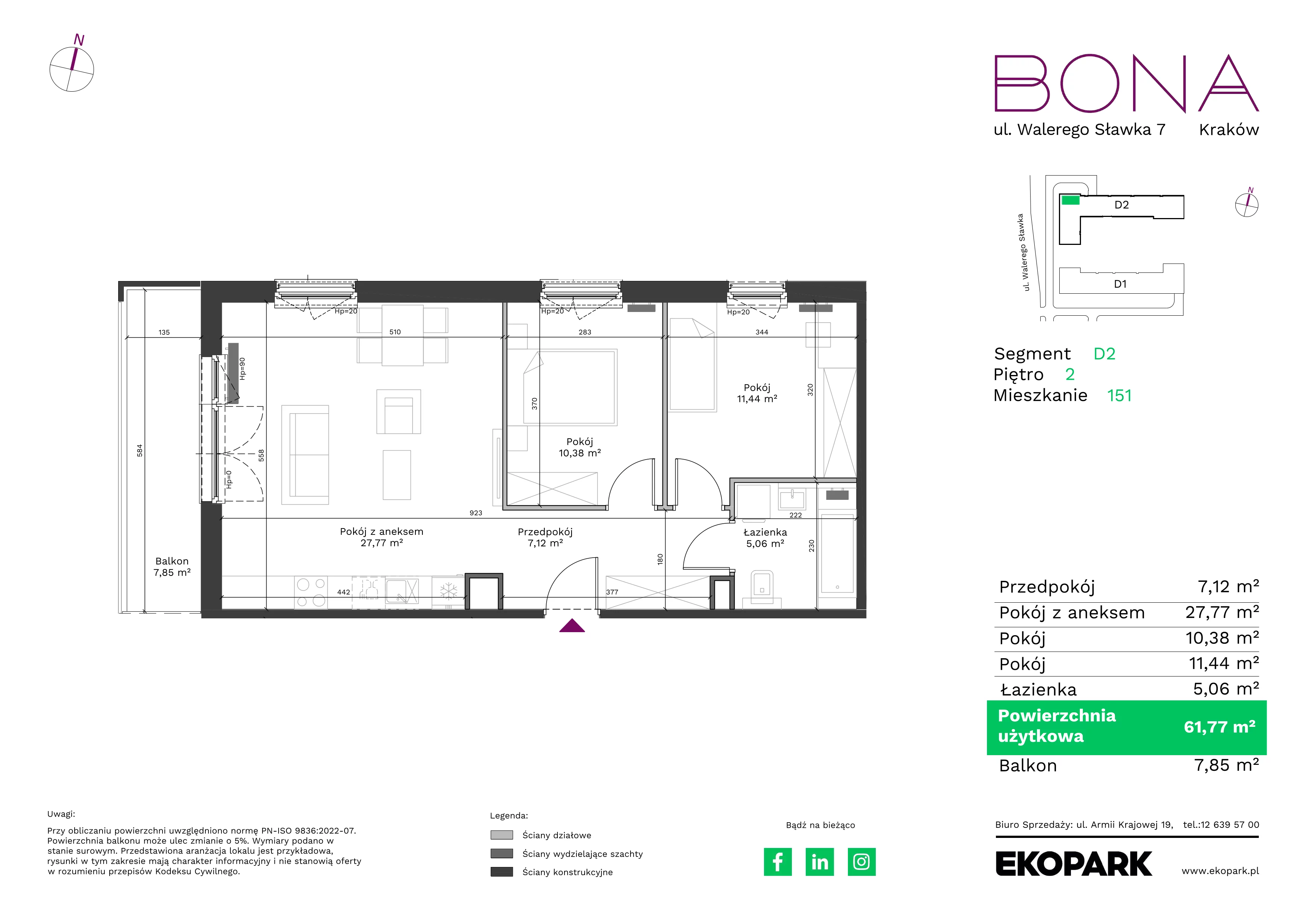 3 pokoje, mieszkanie 61,77 m², piętro 2, oferta nr 151, BONA, Kraków, Podgórze Duchackie, ul. Walerego Sławka 7