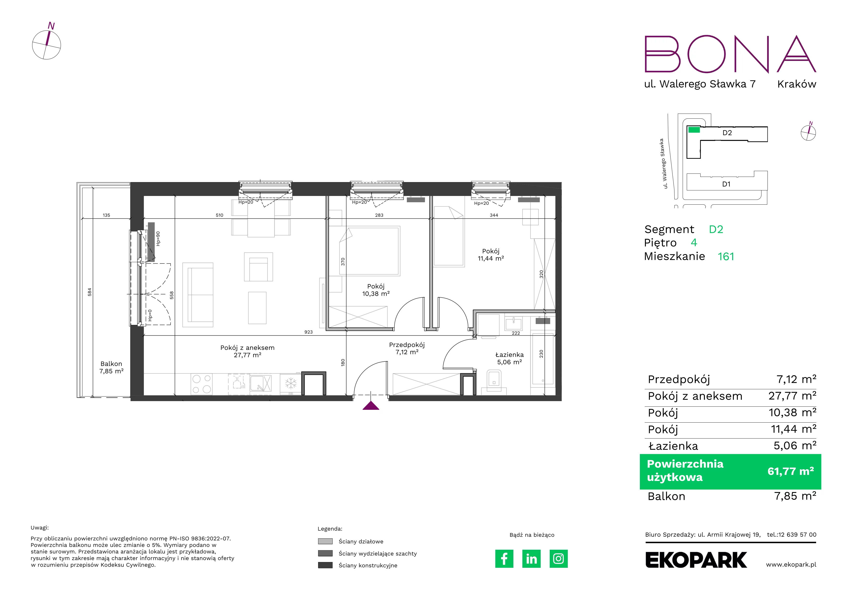 3 pokoje, mieszkanie 61,77 m², piętro 4, oferta nr 161, BONA, Kraków, Podgórze Duchackie, ul. Walerego Sławka 7
