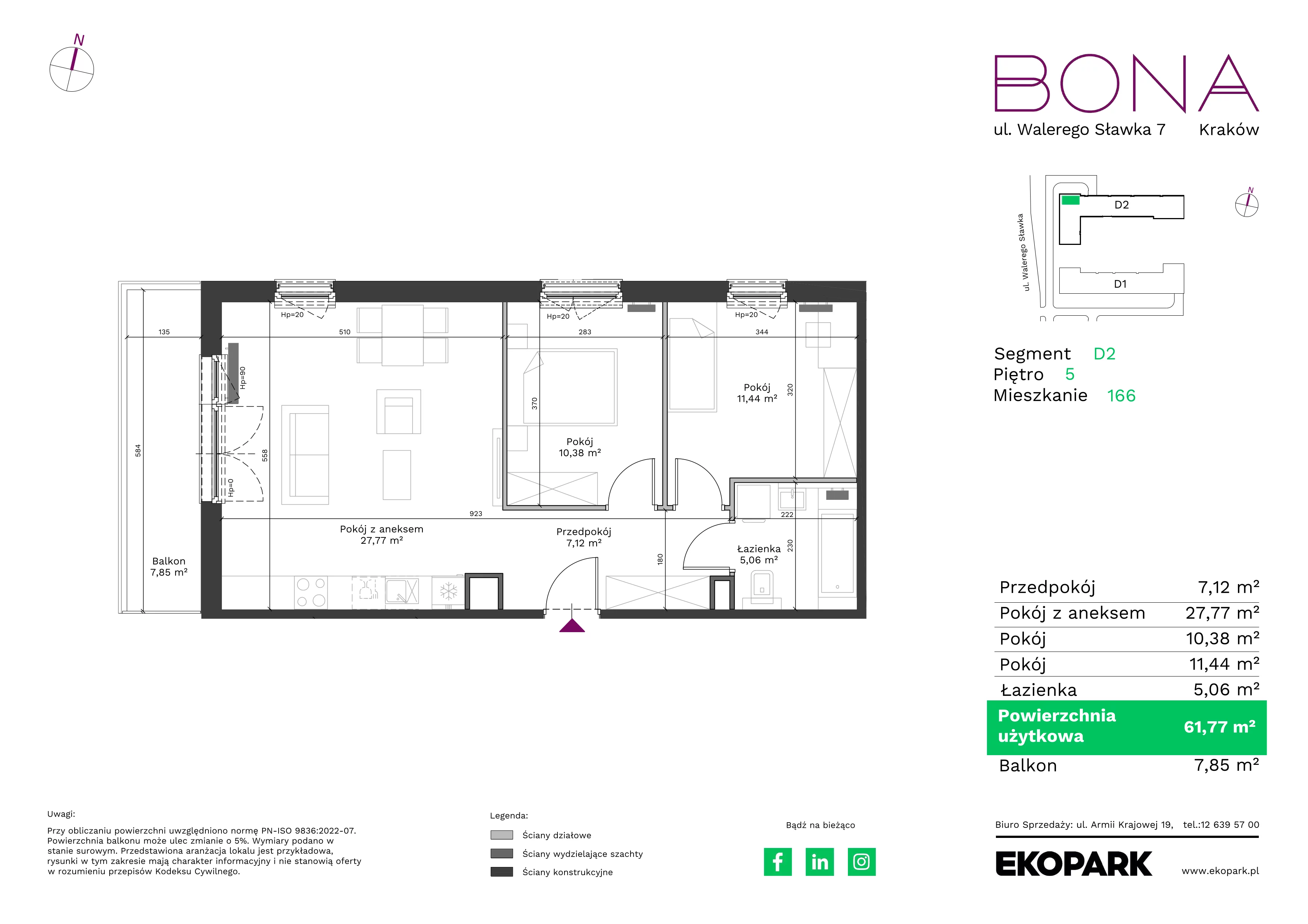 3 pokoje, mieszkanie 61,77 m², piętro 5, oferta nr 166, BONA, Kraków, Podgórze Duchackie, ul. Walerego Sławka 7