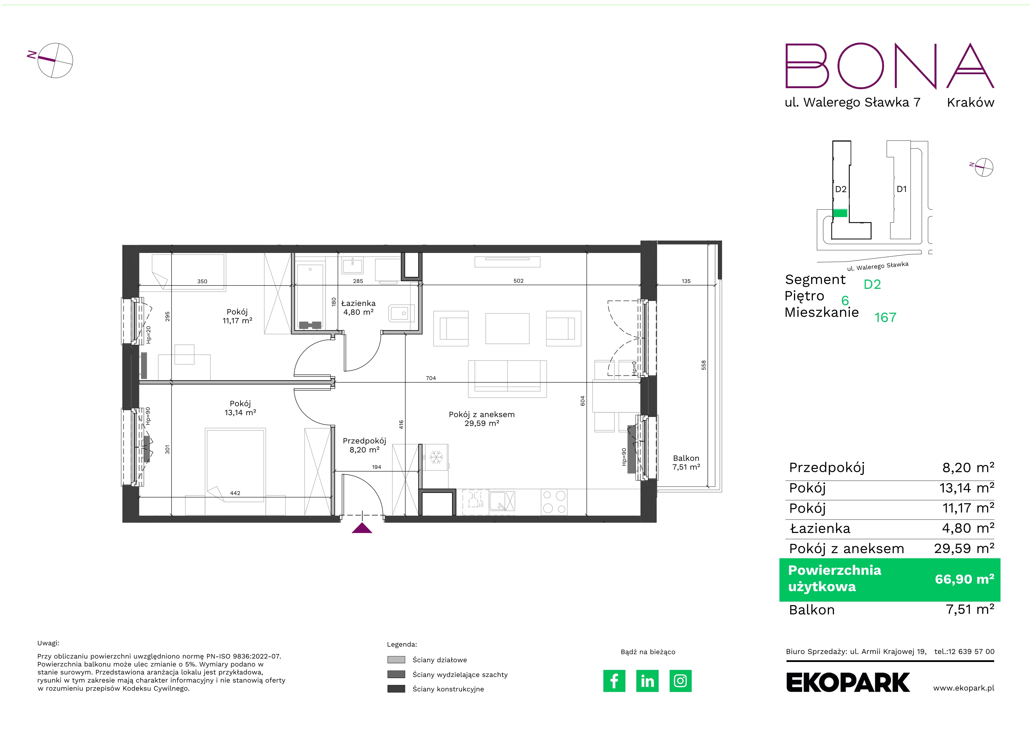 3 pokoje, mieszkanie 66,90 m², piętro 6, oferta nr 167, BONA, Kraków, Podgórze Duchackie, ul. Walerego Sławka 7