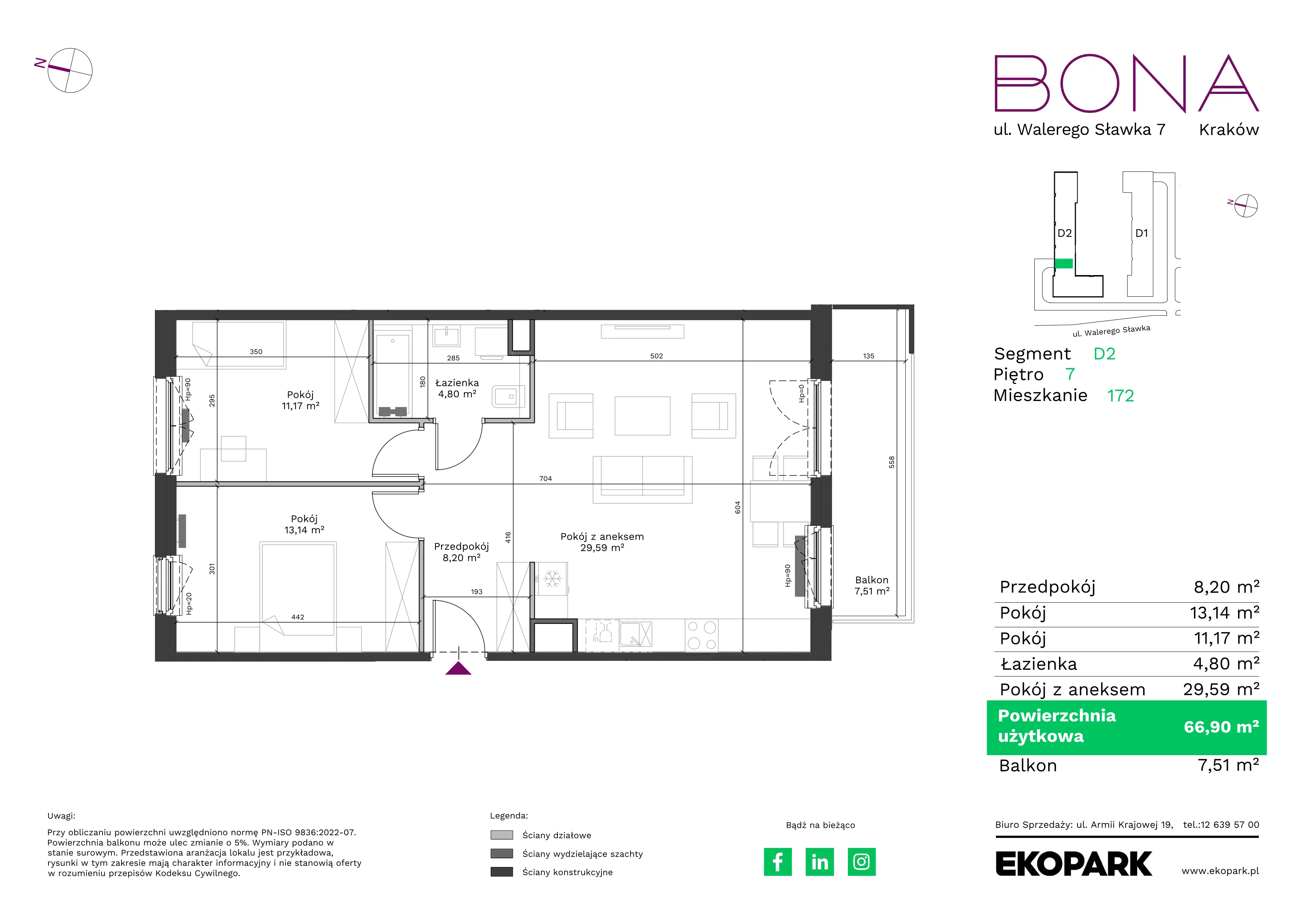3 pokoje, mieszkanie 66,90 m², piętro 7, oferta nr 172, BONA, Kraków, Podgórze Duchackie, ul. Walerego Sławka 7