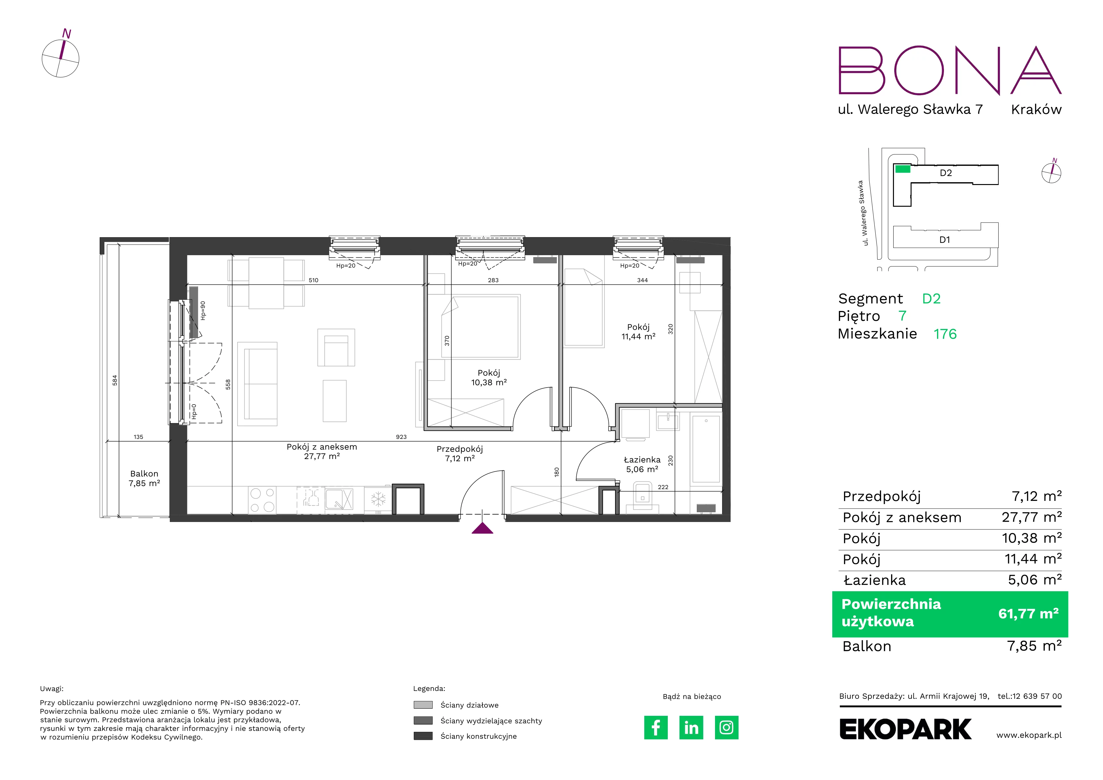 3 pokoje, mieszkanie 61,77 m², piętro 7, oferta nr 176, BONA, Kraków, Podgórze Duchackie, ul. Walerego Sławka 7