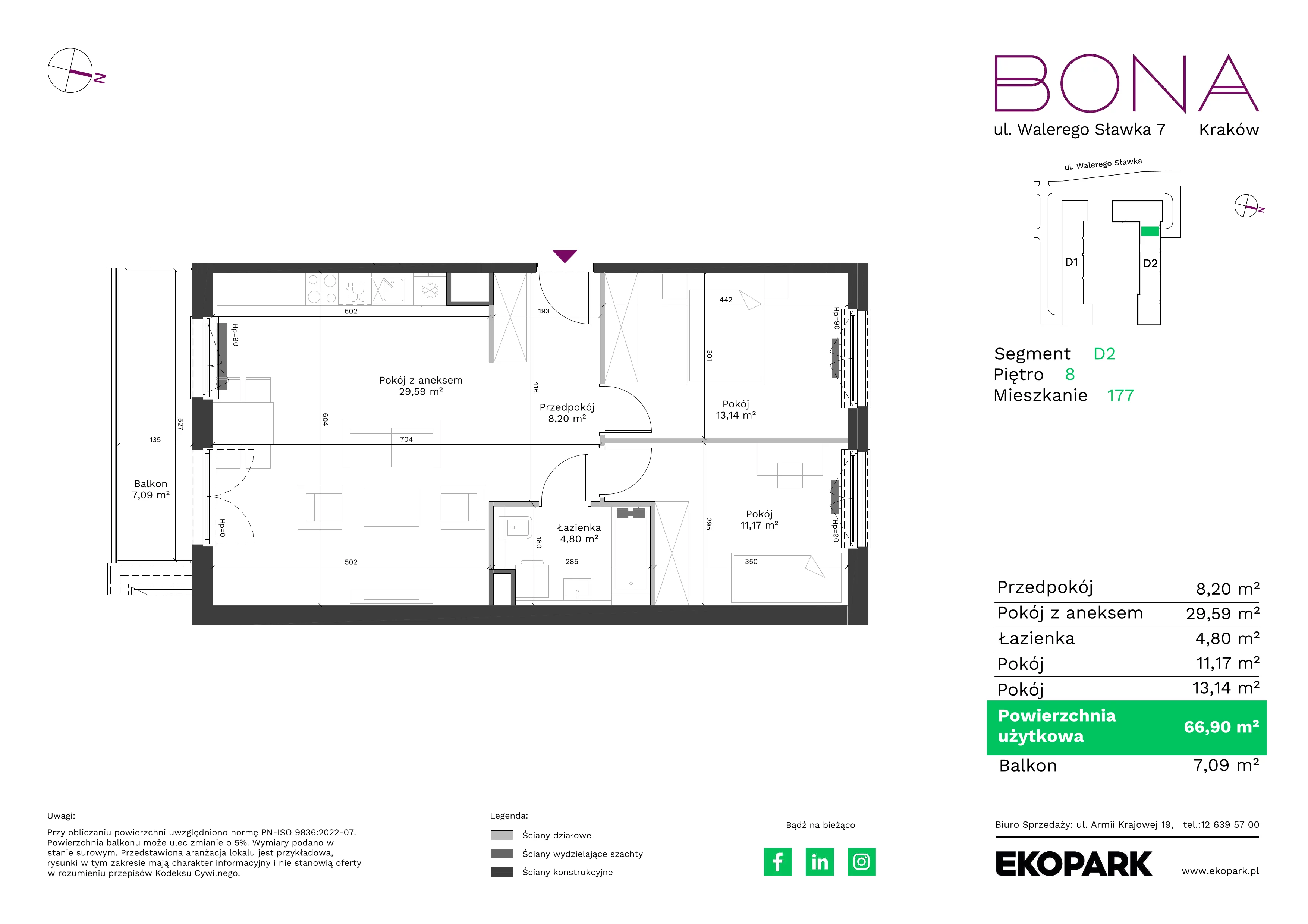 3 pokoje, mieszkanie 66,90 m², piętro 8, oferta nr 177, BONA, Kraków, Podgórze Duchackie, ul. Walerego Sławka 7
