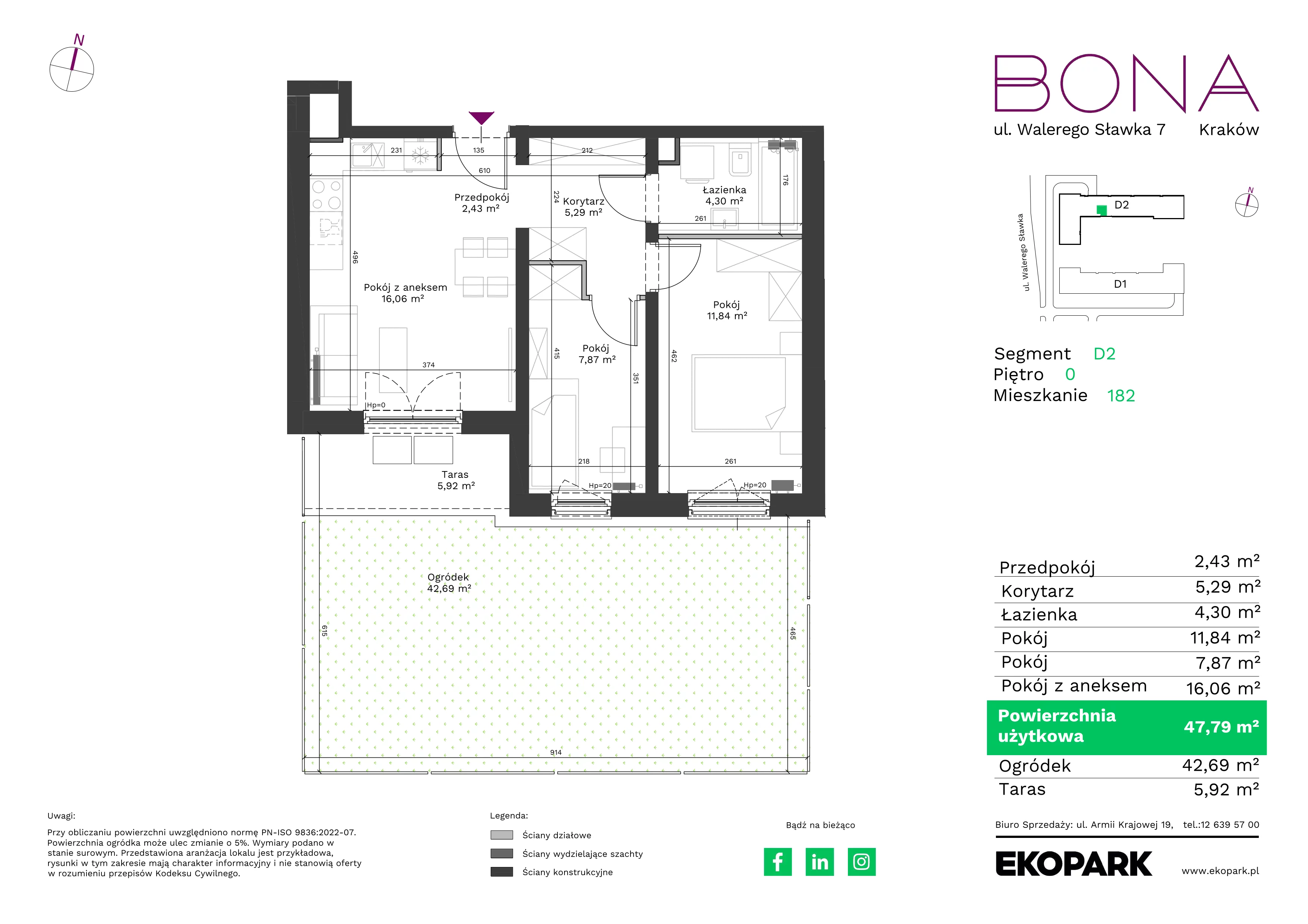 3 pokoje, mieszkanie 47,79 m², parter, oferta nr 182, BONA, Kraków, Podgórze Duchackie, ul. Walerego Sławka 7