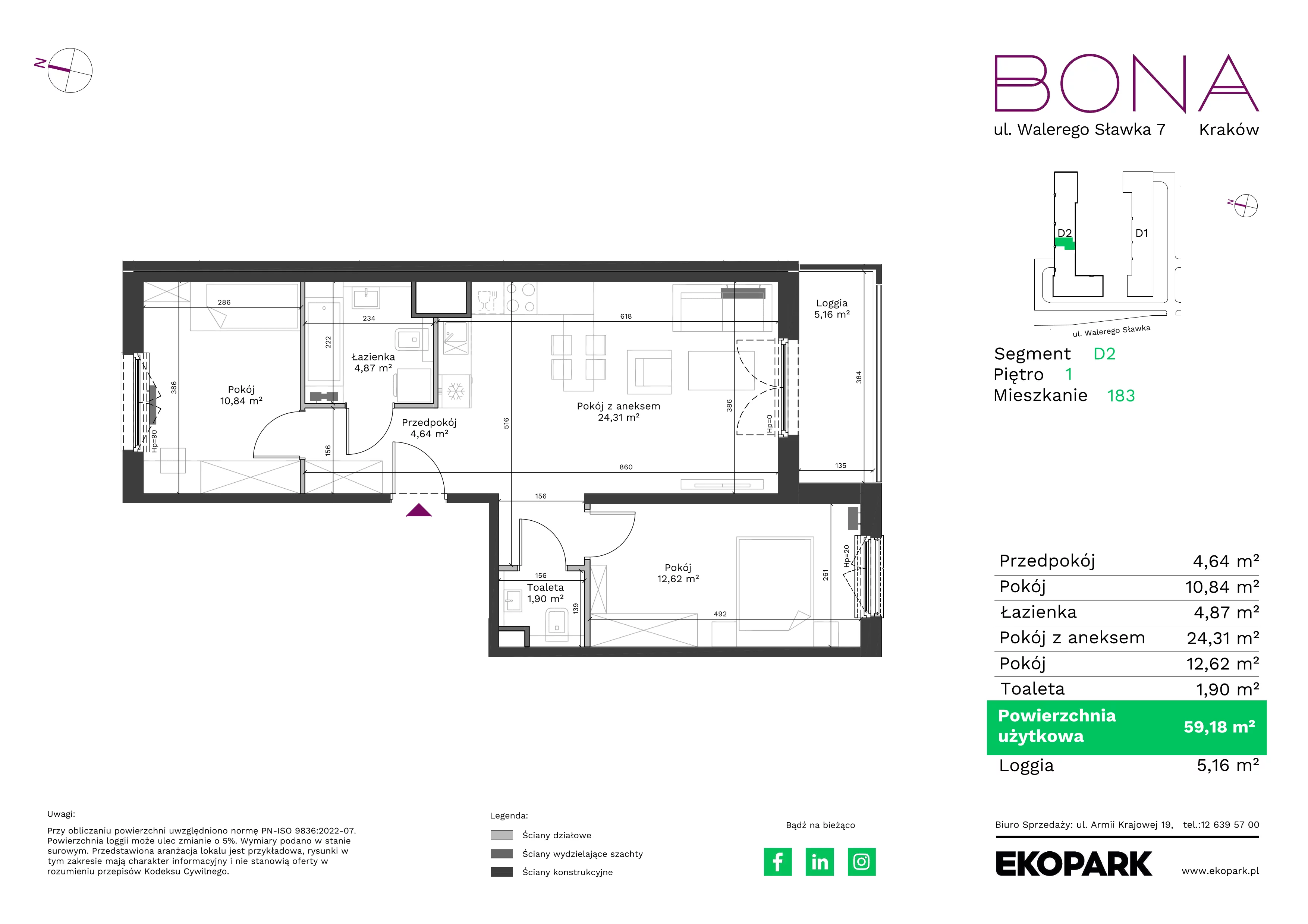 3 pokoje, mieszkanie 59,18 m², piętro 1, oferta nr 183, BONA, Kraków, Podgórze Duchackie, ul. Walerego Sławka 7