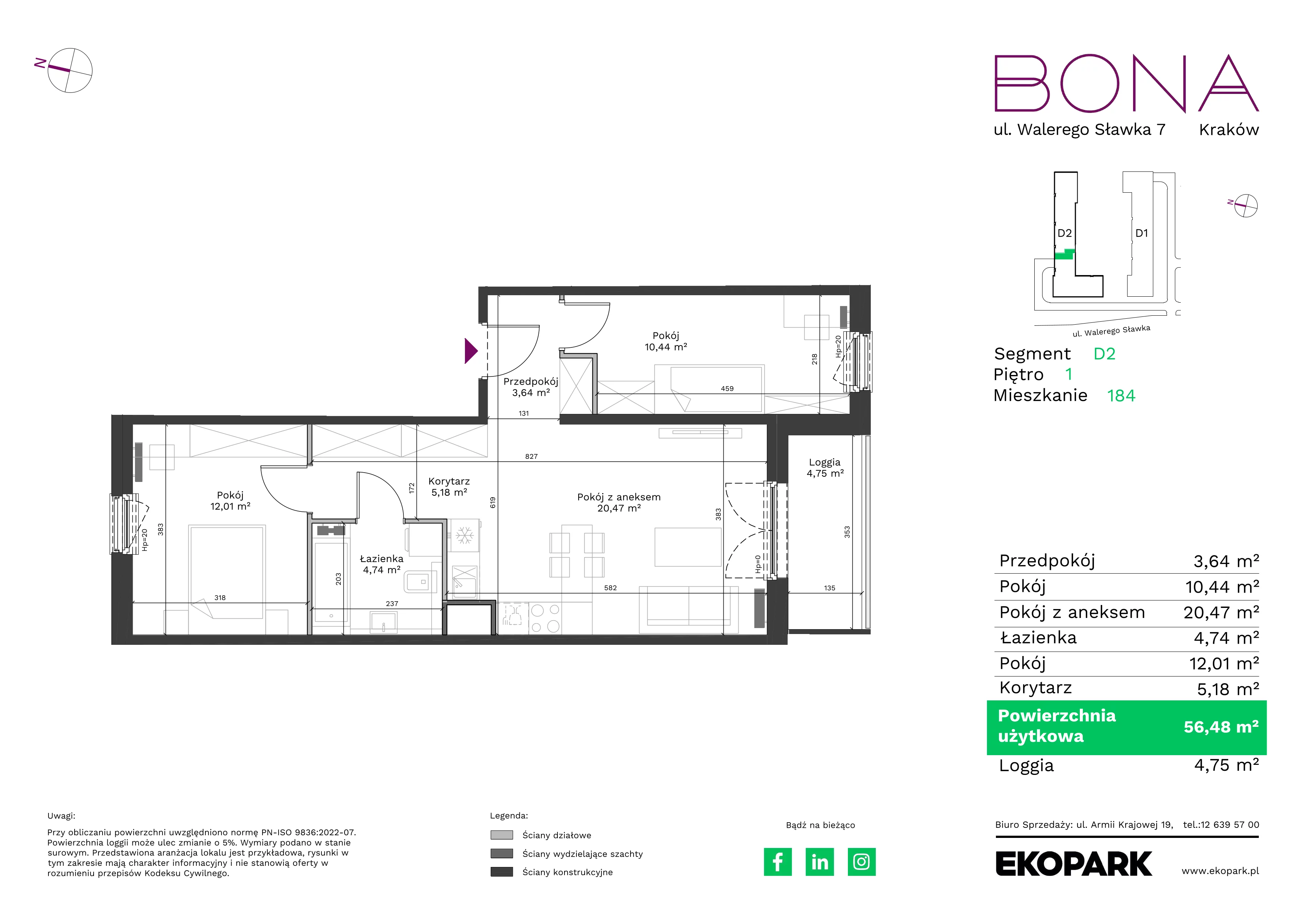 3 pokoje, mieszkanie 56,48 m², piętro 1, oferta nr 184, BONA, Kraków, Podgórze Duchackie, ul. Walerego Sławka 7