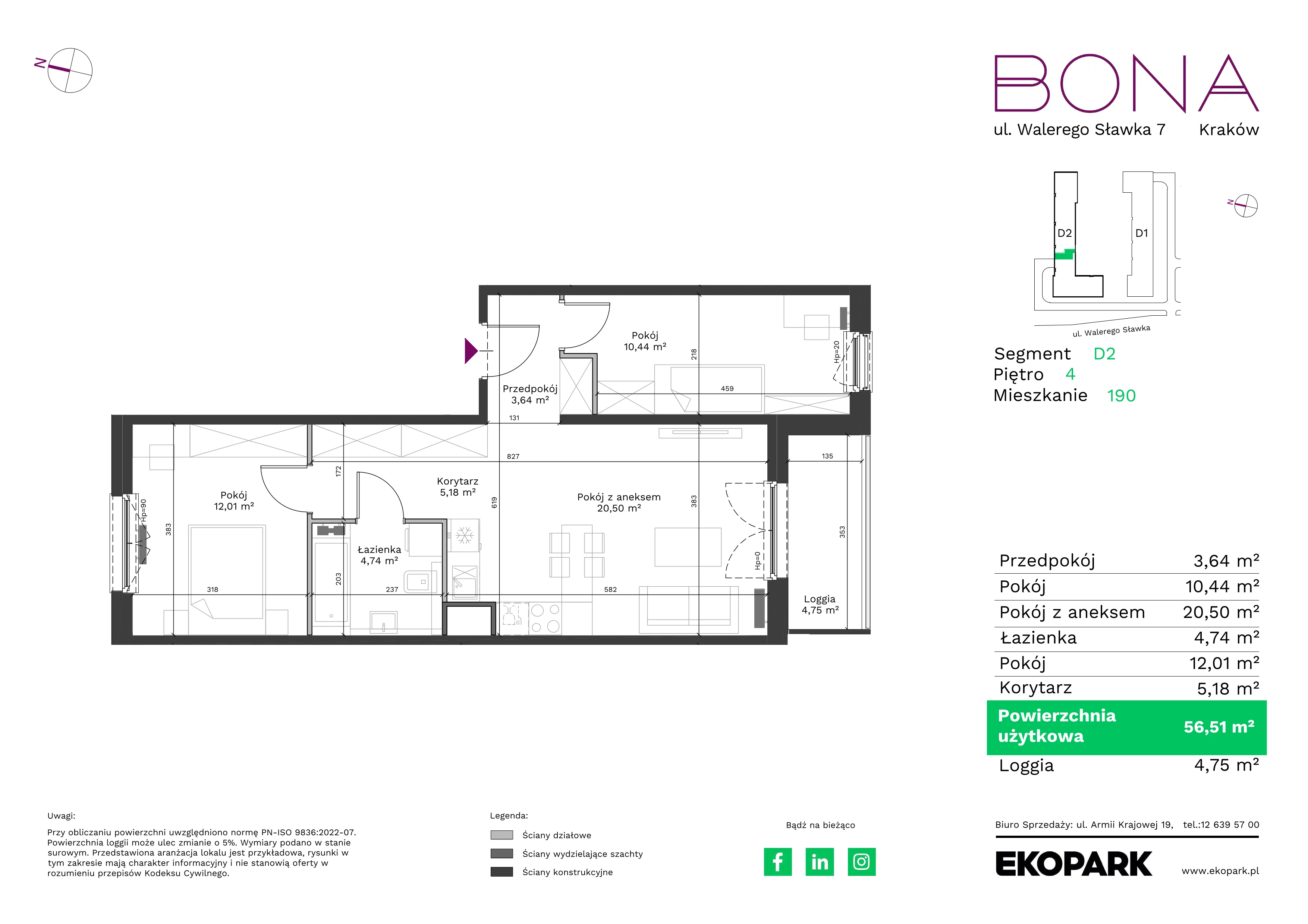 3 pokoje, mieszkanie 56,51 m², piętro 4, oferta nr 190, BONA, Kraków, Podgórze Duchackie, ul. Walerego Sławka 7