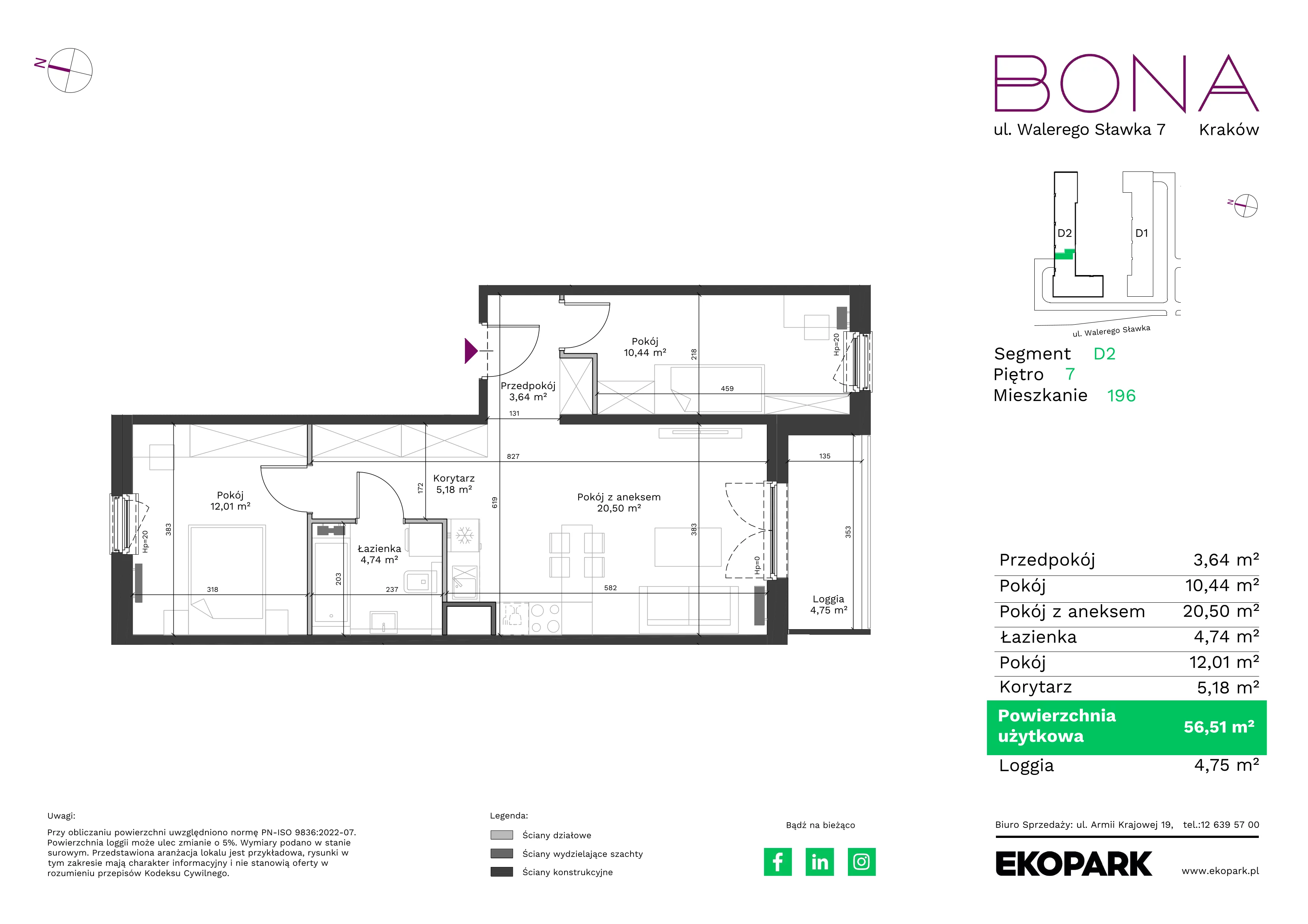 3 pokoje, mieszkanie 56,51 m², piętro 7, oferta nr 196, BONA, Kraków, Podgórze Duchackie, ul. Walerego Sławka 7