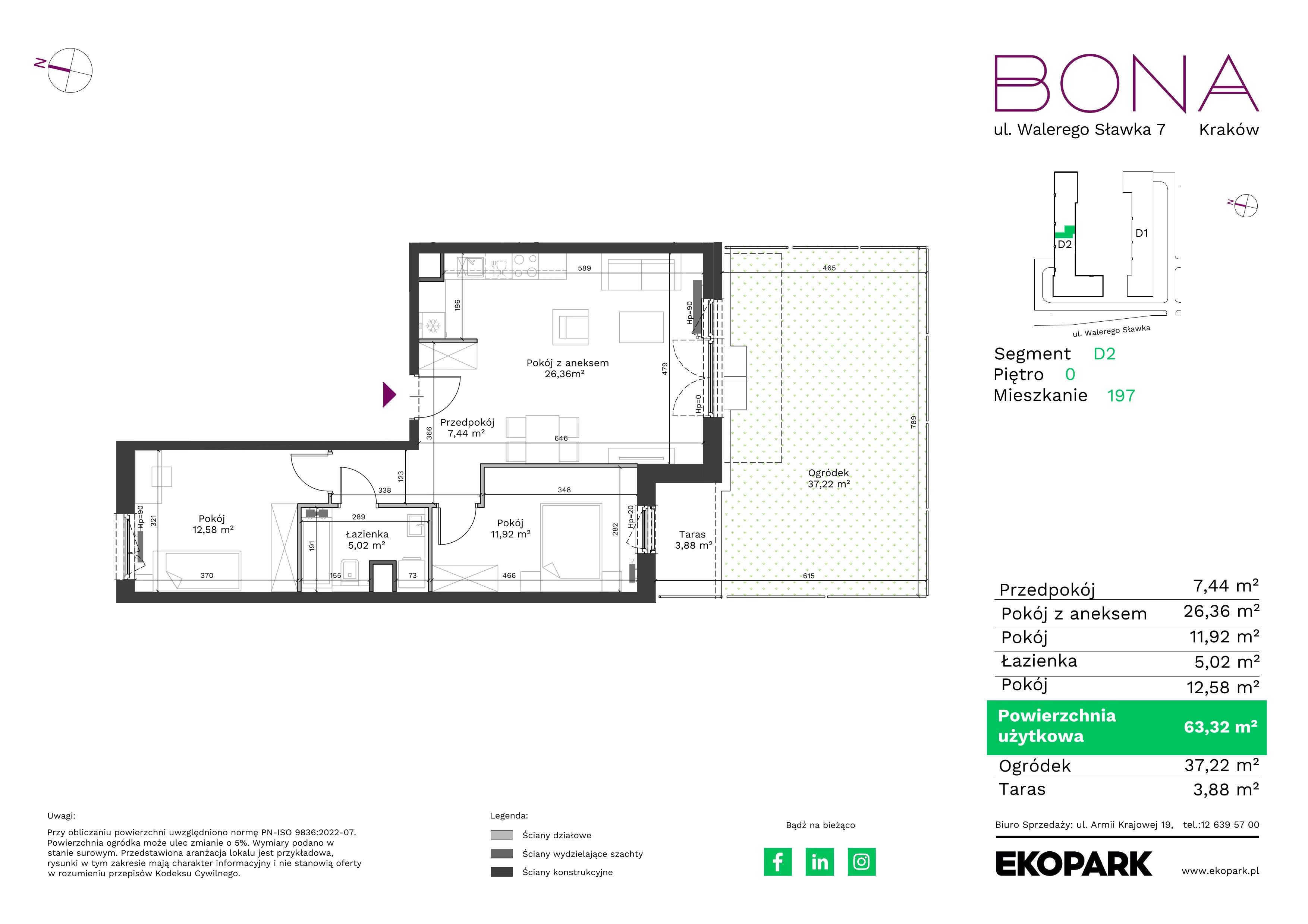 3 pokoje, mieszkanie 63,32 m², parter, oferta nr 197, BONA, Kraków, Podgórze Duchackie, ul. Walerego Sławka 7