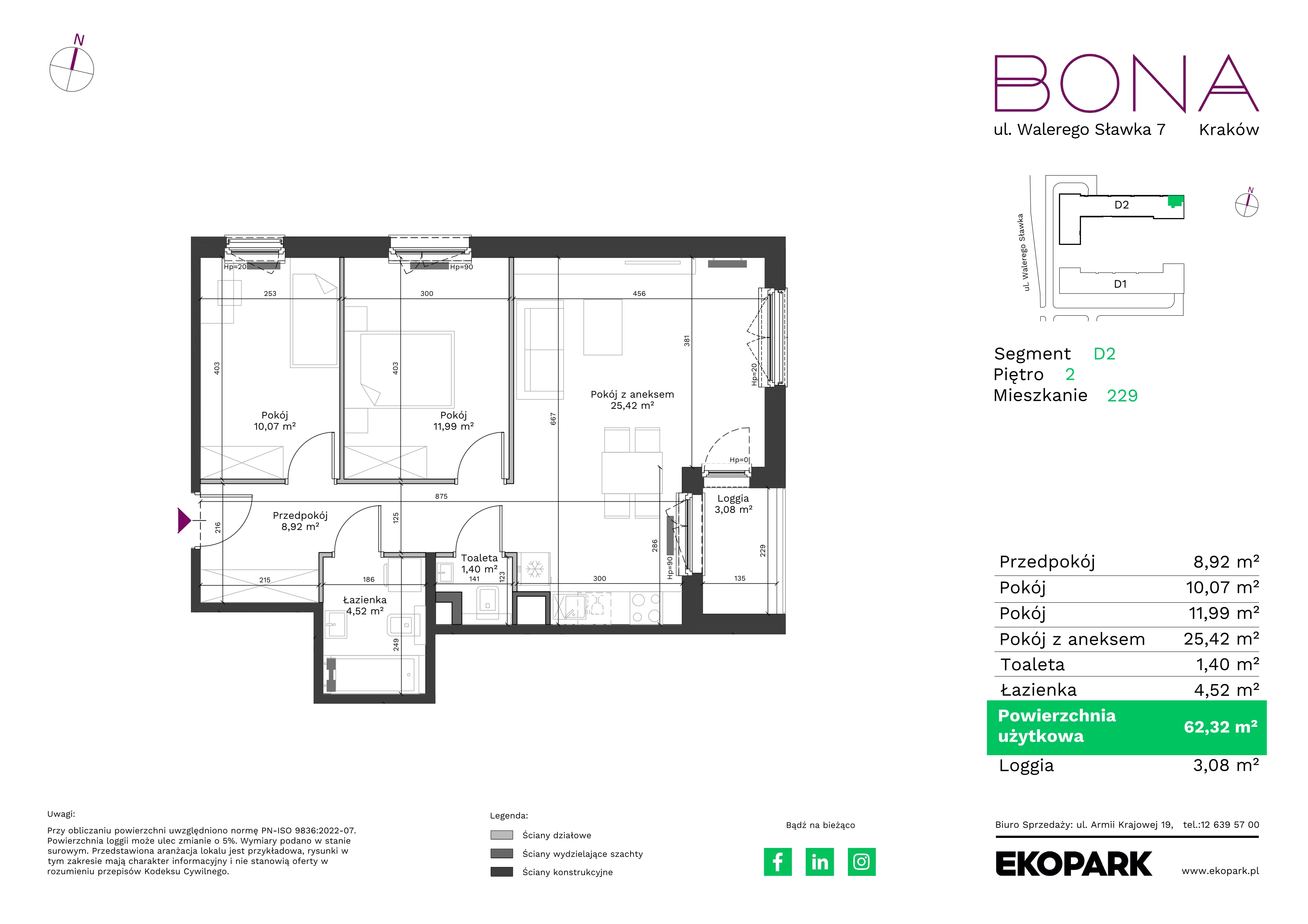 3 pokoje, mieszkanie 62,32 m², piętro 2, oferta nr 229, BONA, Kraków, Podgórze Duchackie, ul. Walerego Sławka 7