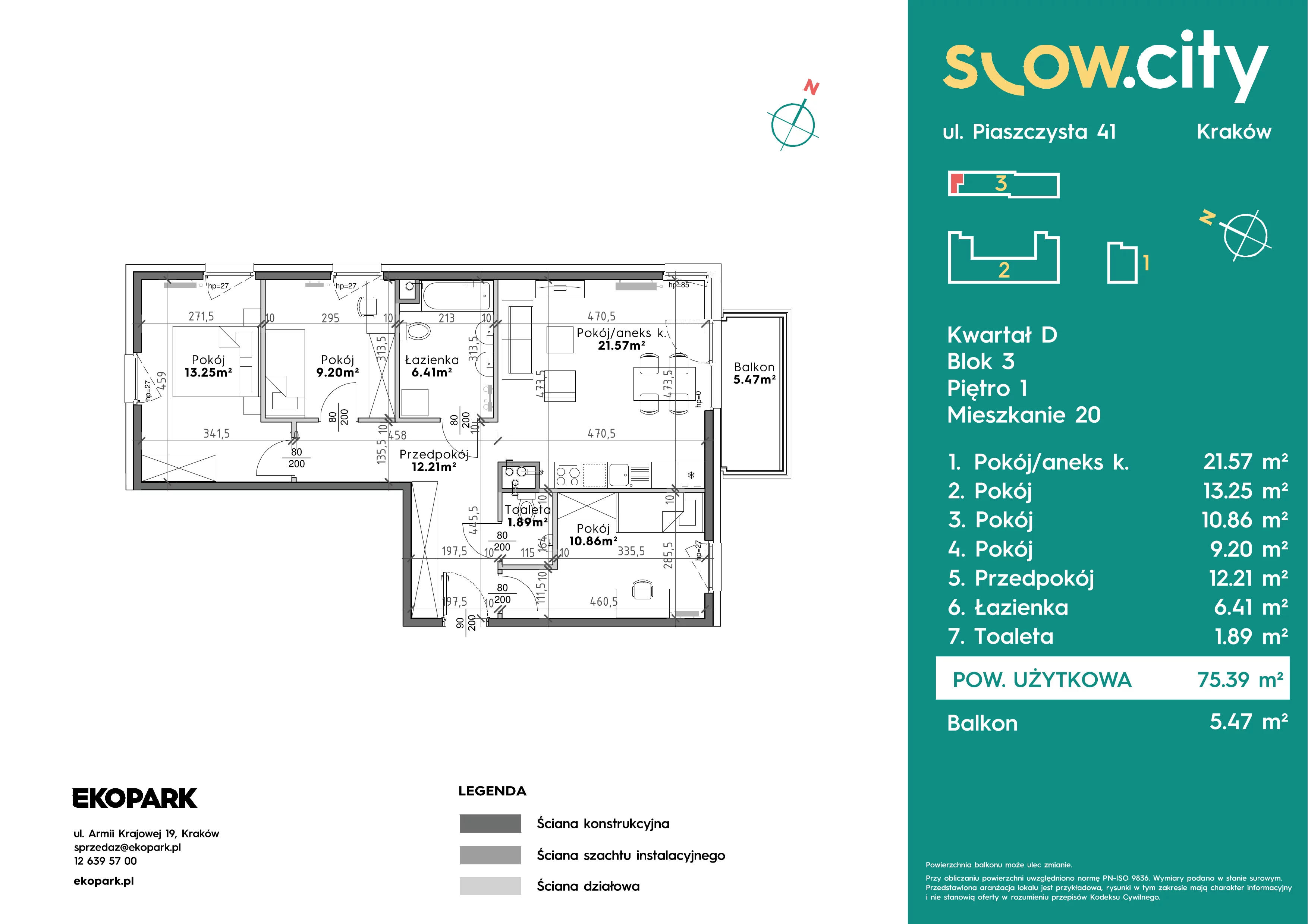 4 pokoje, mieszkanie 75,39 m², piętro 1, oferta nr D3-20, Slow City - Etap D, Kraków, Prądnik Biały, ul. Piaszczysta