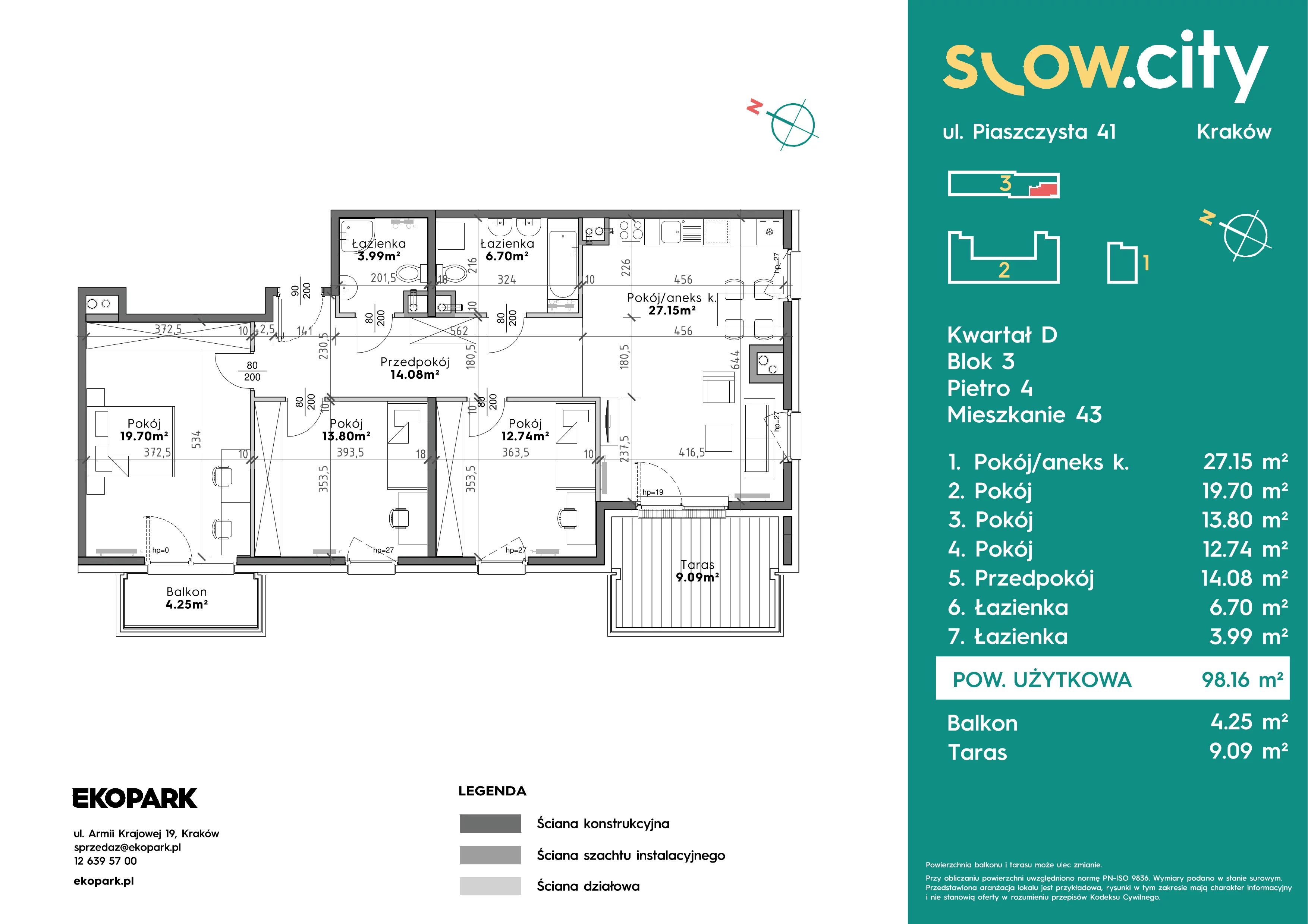4 pokoje, mieszkanie 98,16 m², piętro 4, oferta nr D3-43, Slow City - Etap D, Kraków, Prądnik Biały, ul. Piaszczysta