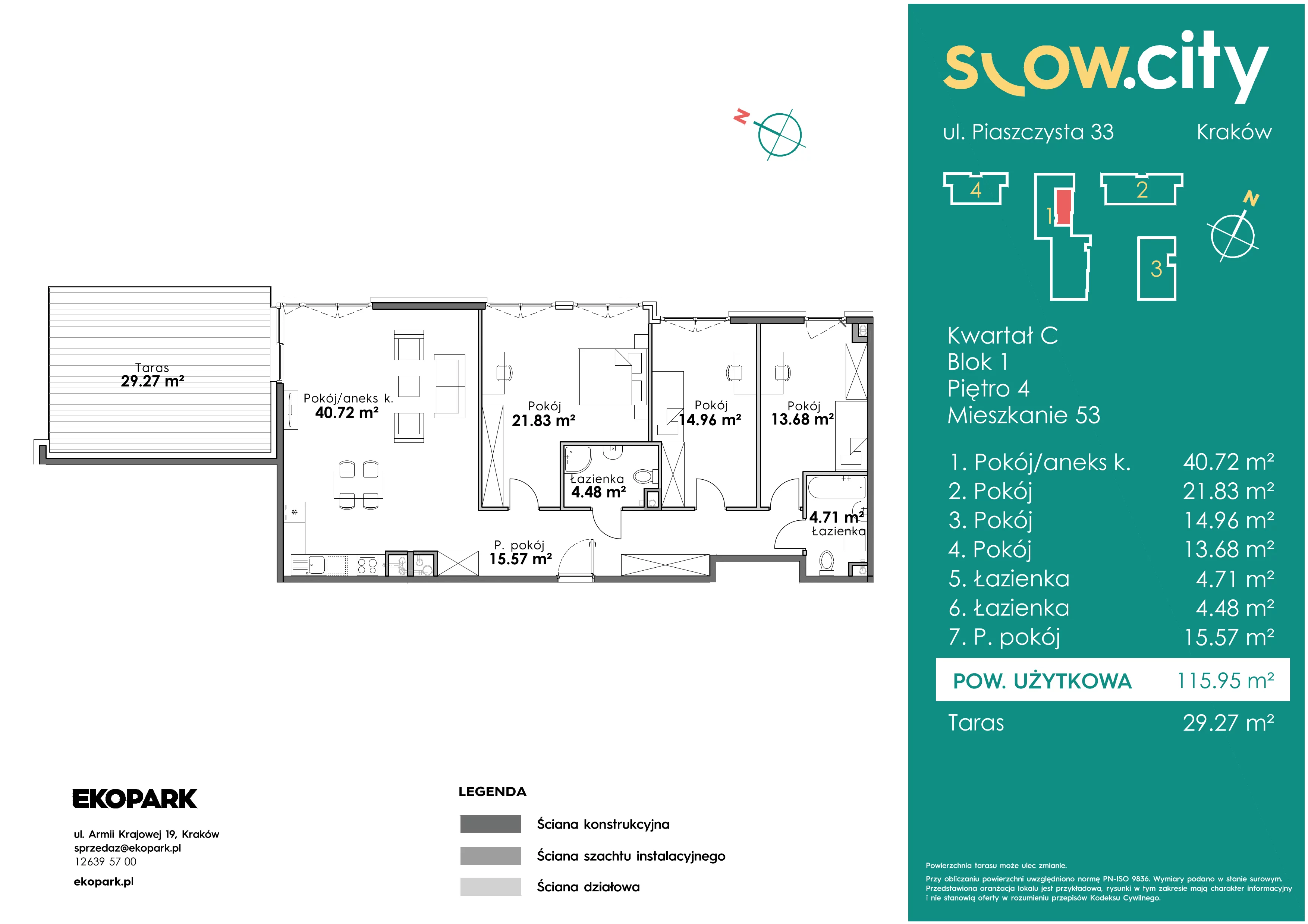 4 pokoje, mieszkanie 115,95 m², piętro 4, oferta nr C1-53, Slow City, Kraków, Prądnik Biały, ul. Piaszczysta