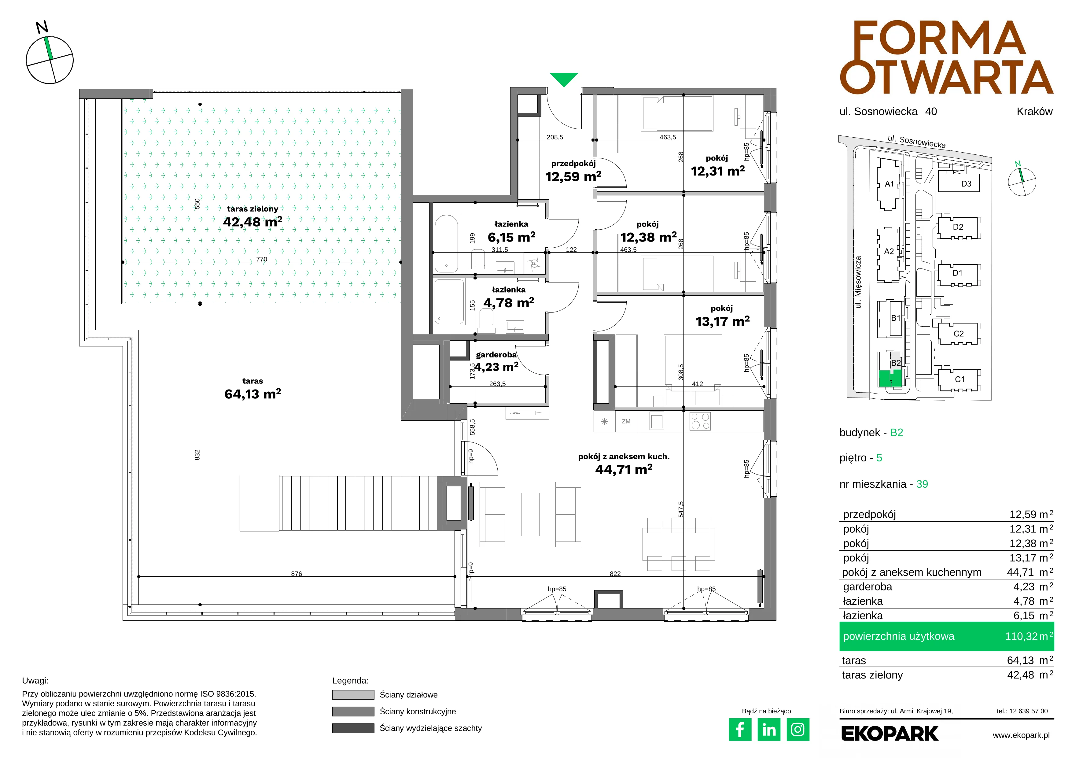 4 pokoje, mieszkanie 110,32 m², piętro 5, oferta nr B2-39, Forma Otwarta - Etap B, Kraków, Bronowice, Bronowice Wielkie, ul. Sosnowiecka