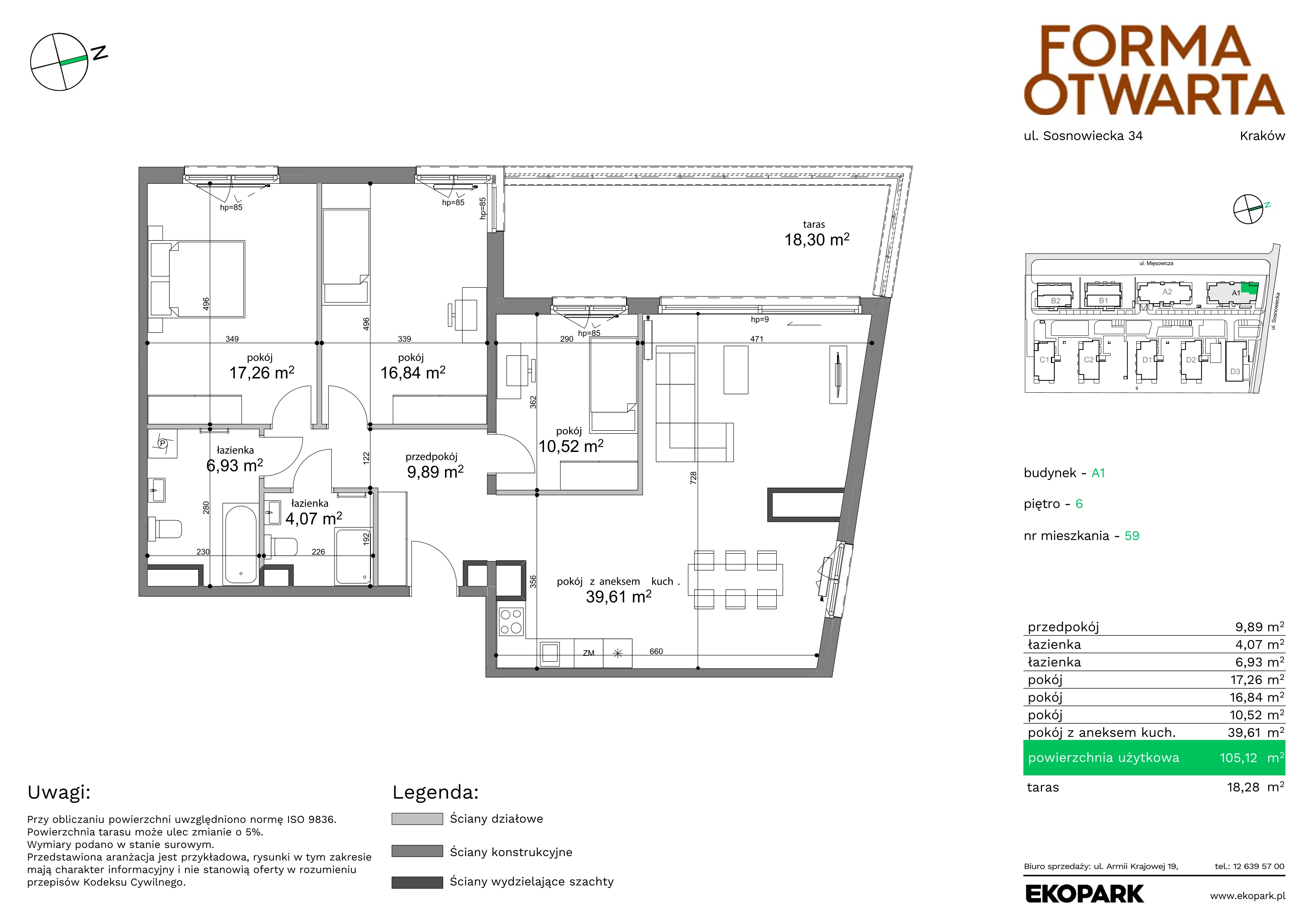 4 pokoje, mieszkanie 105,12 m², piętro 6, oferta nr A1-59, Forma Otwarta, Kraków, Bronowice, Bronowice Wielkie, ul. Sosnowiecka