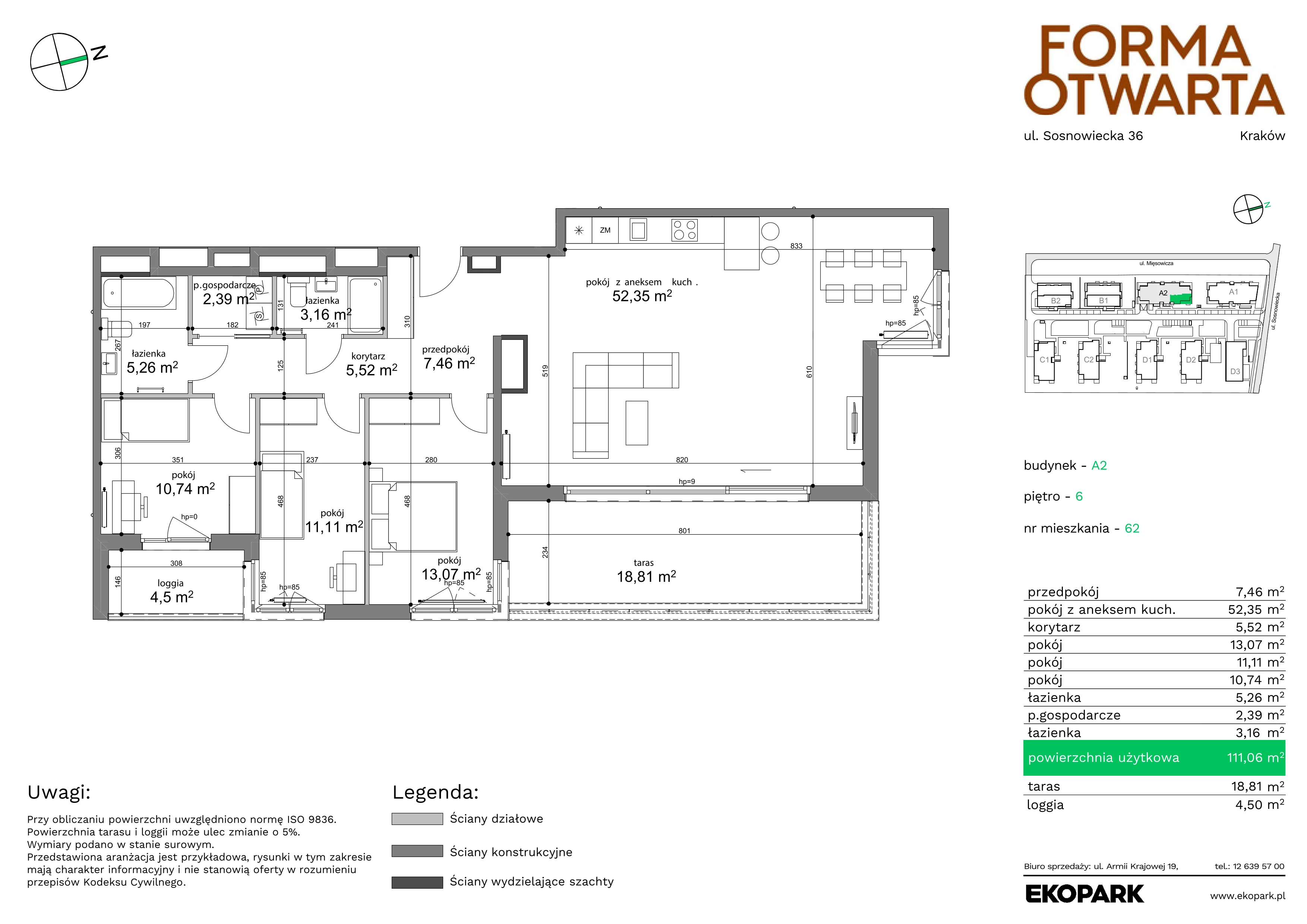 4 pokoje, mieszkanie 111,06 m², piętro 6, oferta nr A2-62, Forma Otwarta, Kraków, Bronowice, Bronowice Wielkie, ul. Sosnowiecka