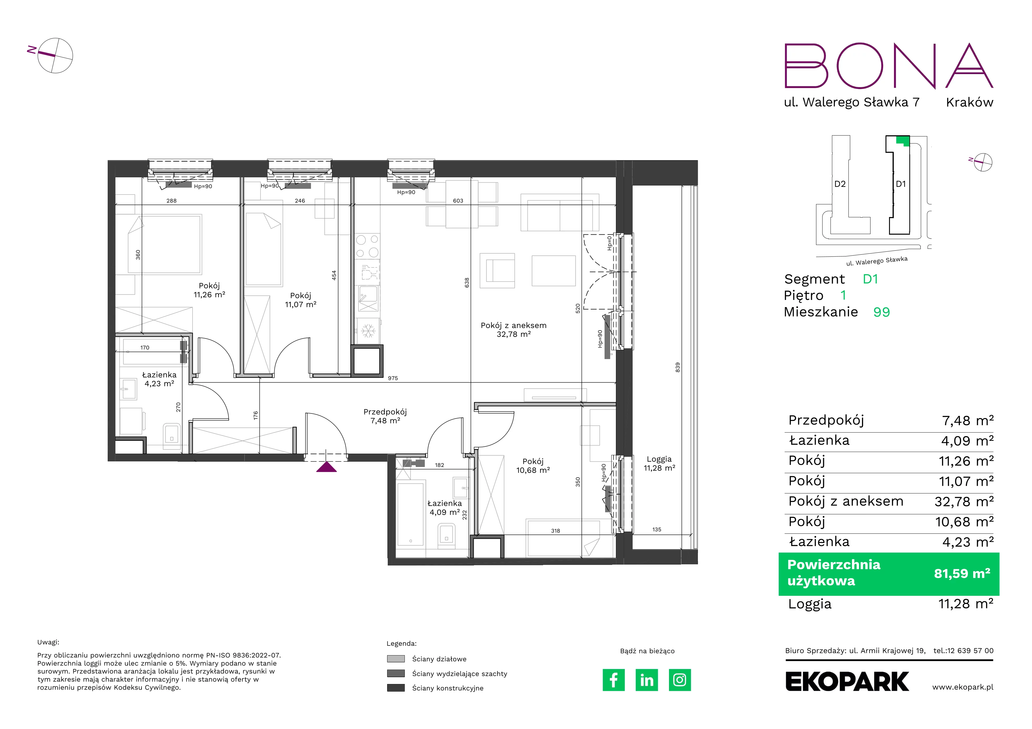 4 pokoje, mieszkanie 81,59 m², piętro 1, oferta nr 99, BONA, Kraków, Podgórze Duchackie, ul. Walerego Sławka 7
