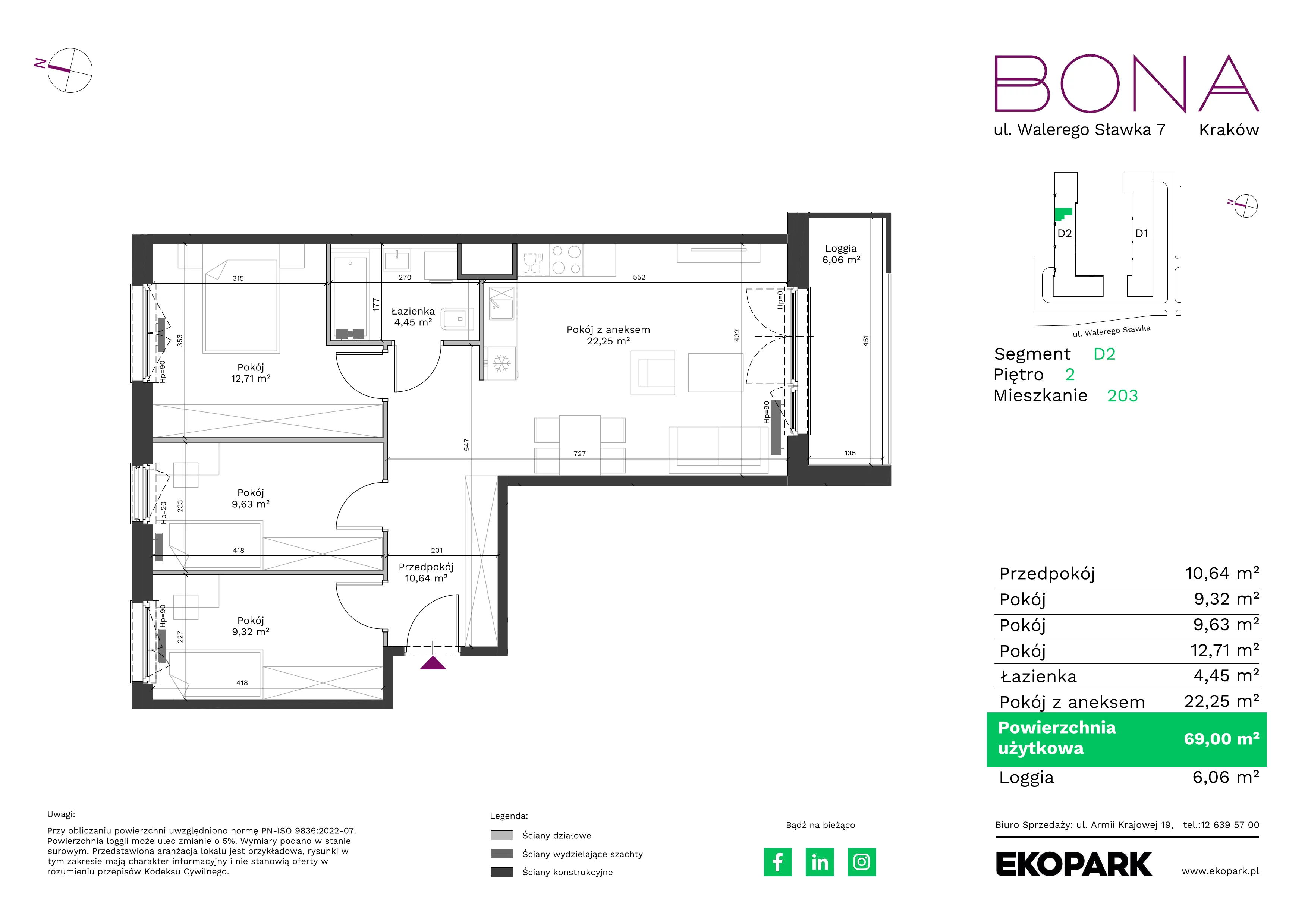 4 pokoje, mieszkanie 69,00 m², piętro 2, oferta nr 203, BONA, Kraków, Podgórze Duchackie, ul. Walerego Sławka 7