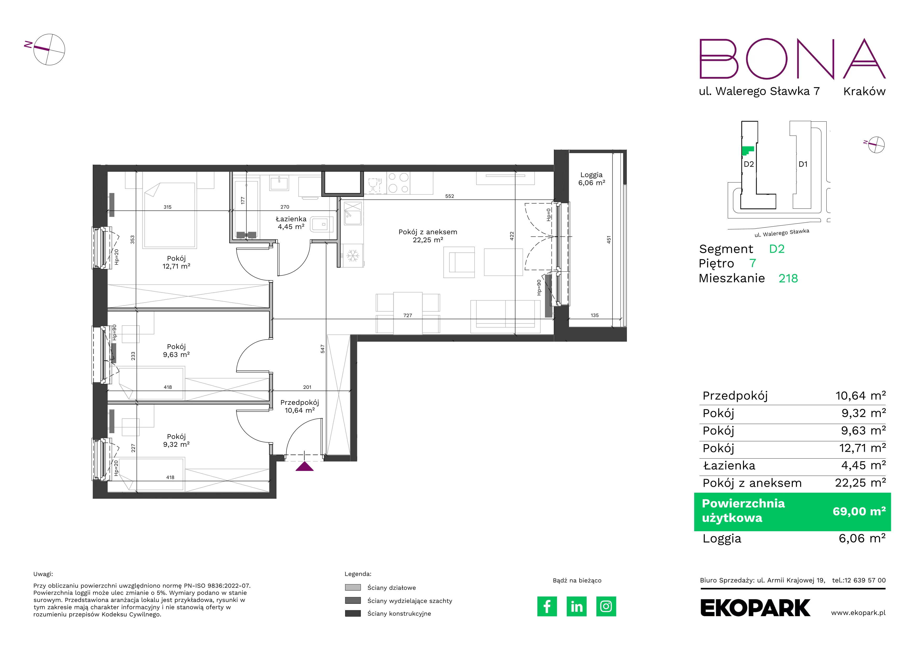 4 pokoje, mieszkanie 69,00 m², piętro 7, oferta nr 218, BONA, Kraków, Podgórze Duchackie, ul. Walerego Sławka 7