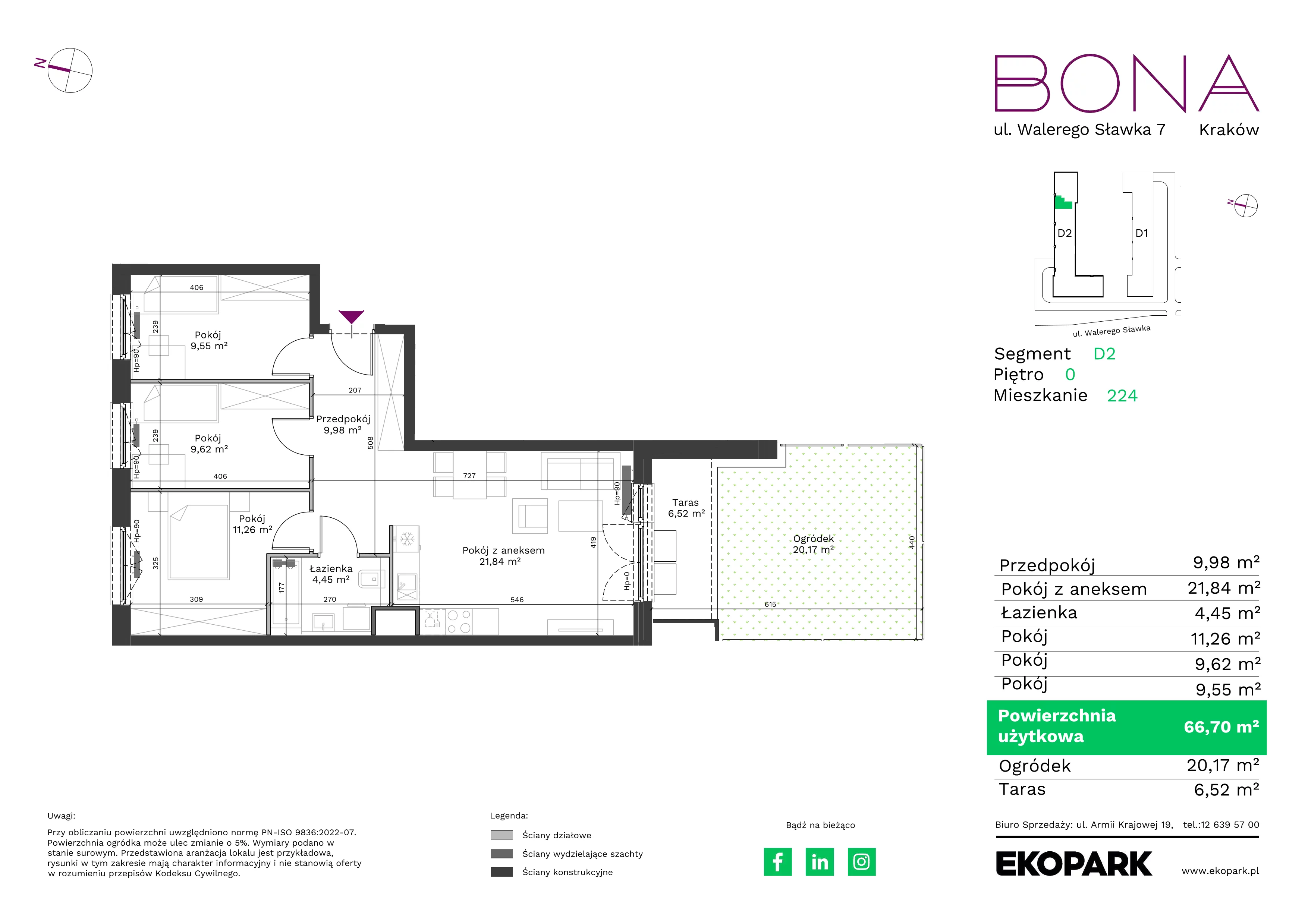 4 pokoje, mieszkanie 66,70 m², parter, oferta nr 224, BONA, Kraków, Podgórze Duchackie, ul. Walerego Sławka 7