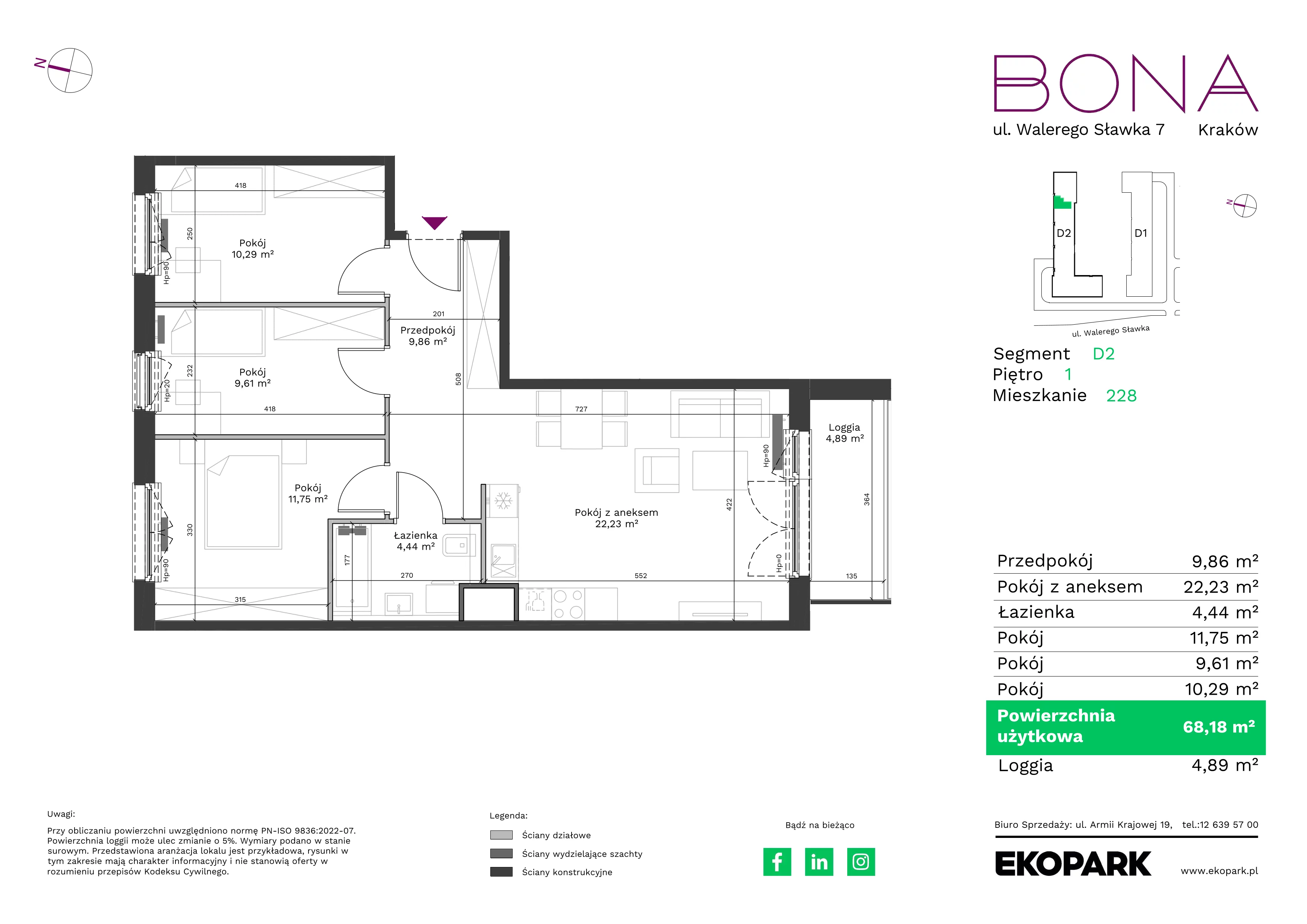 4 pokoje, mieszkanie 68,18 m², piętro 1, oferta nr 228, BONA, Kraków, Podgórze Duchackie, ul. Walerego Sławka 7