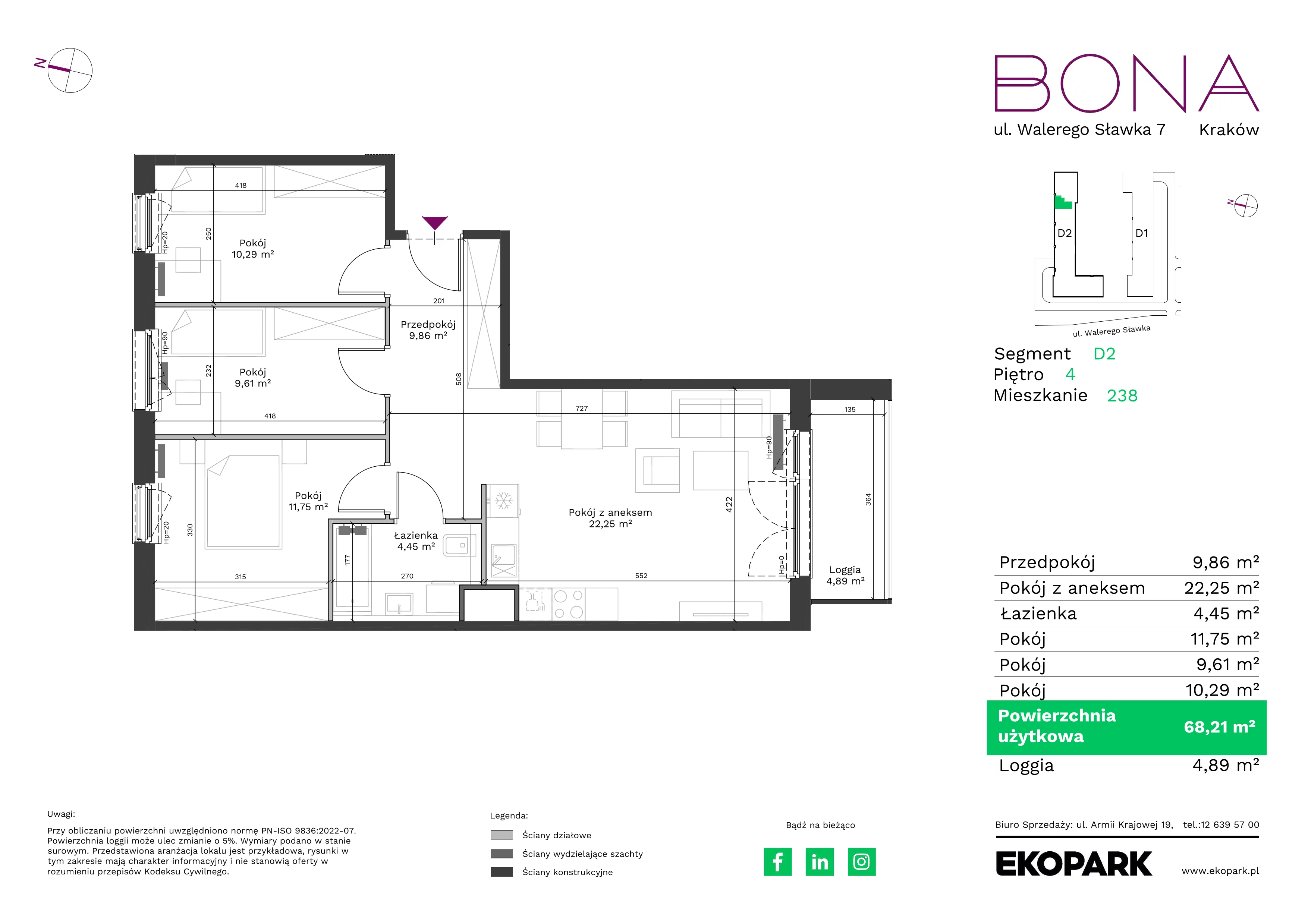 4 pokoje, mieszkanie 68,21 m², piętro 4, oferta nr 238, BONA, Kraków, Podgórze Duchackie, ul. Walerego Sławka 7