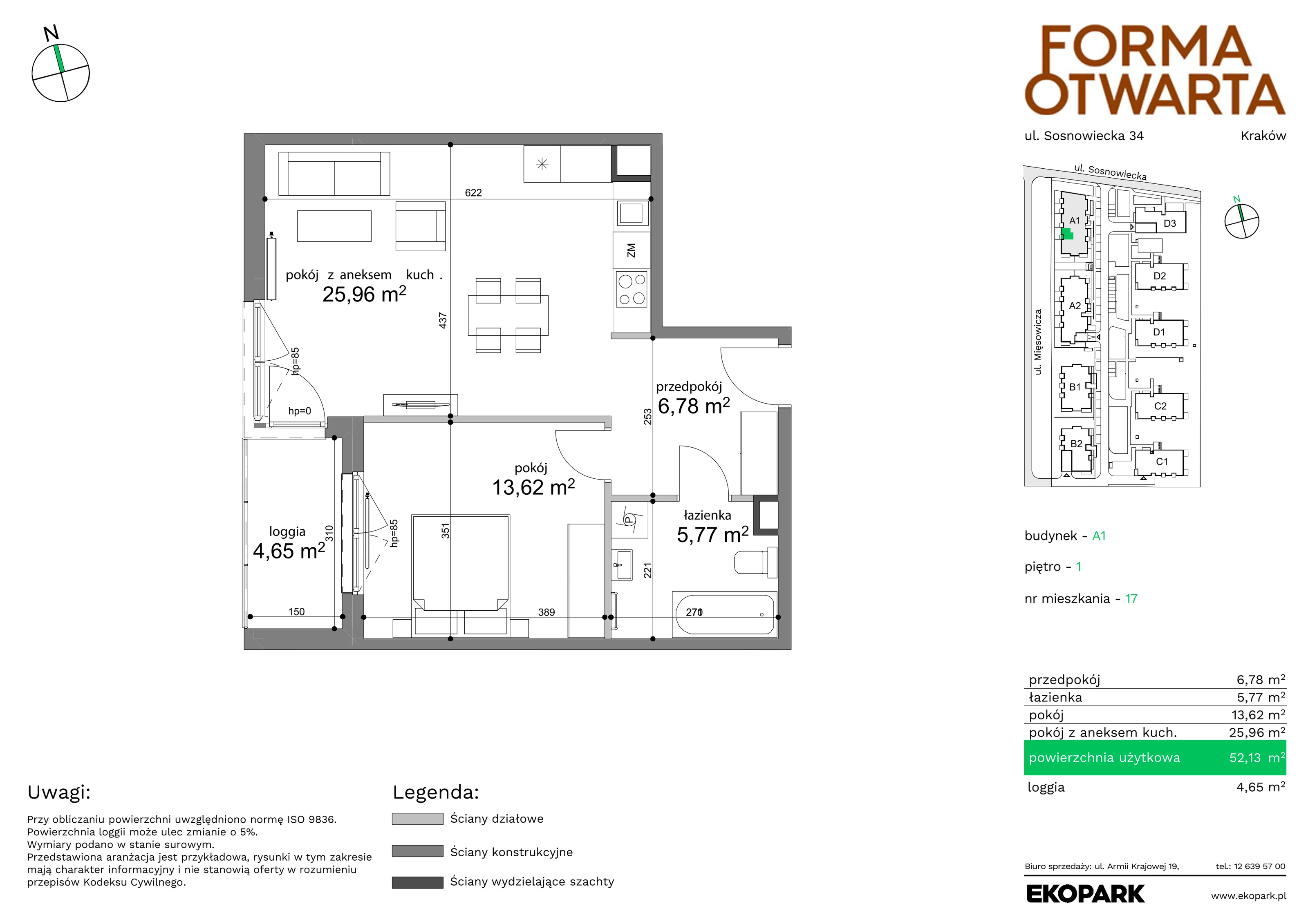 Mieszkanie 52,13 m², piętro 1, oferta nr A1-17, Forma Otwarta, Kraków, Bronowice, Bronowice Wielkie, ul. Sosnowiecka