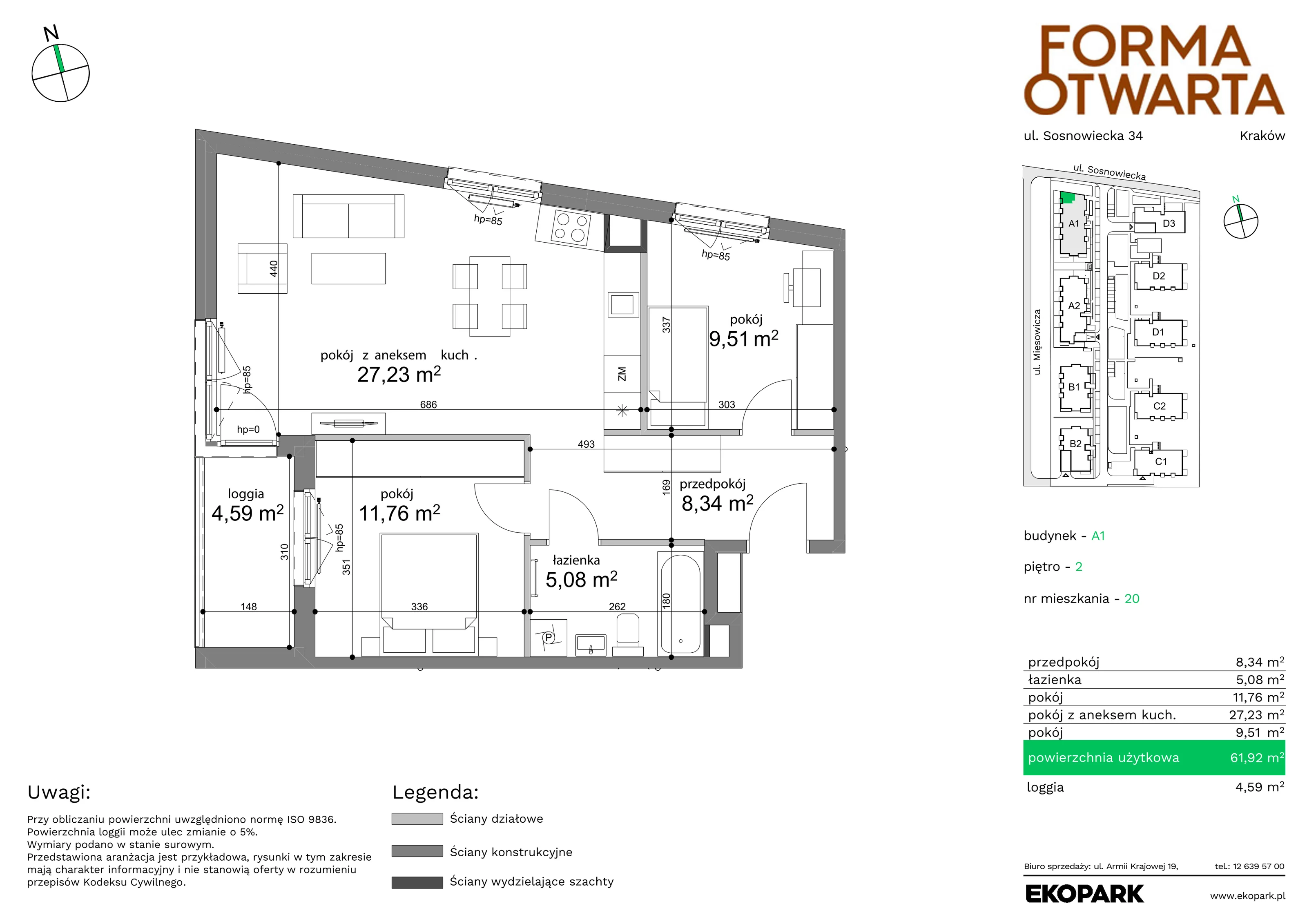 Mieszkanie 61,92 m², piętro 2, oferta nr A1-20, Forma Otwarta, Kraków, Bronowice, Bronowice Wielkie, ul. Sosnowiecka