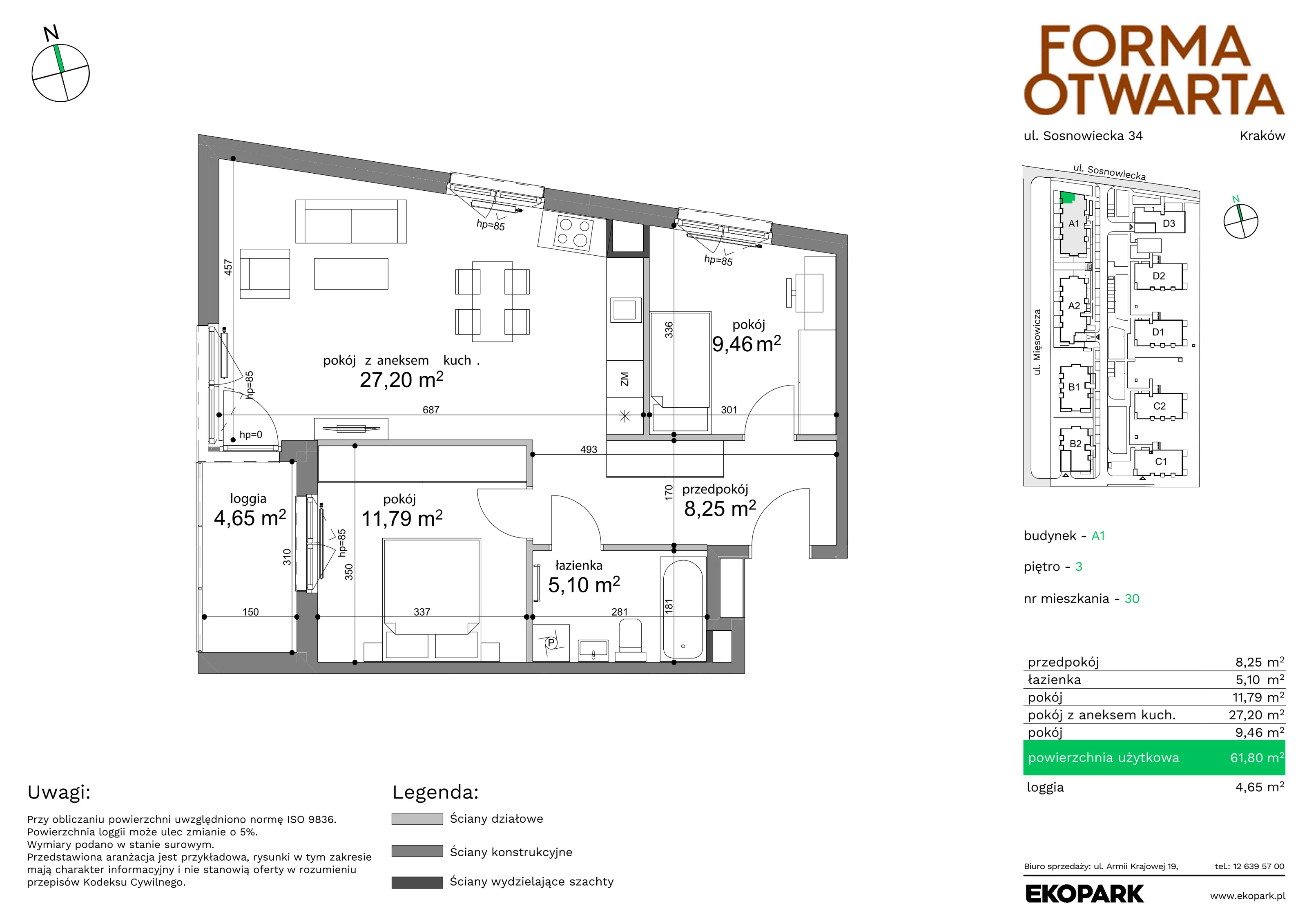 Mieszkanie 61,80 m², piętro 3, oferta nr A1-30, Forma Otwarta, Kraków, Bronowice, Bronowice Wielkie, ul. Sosnowiecka