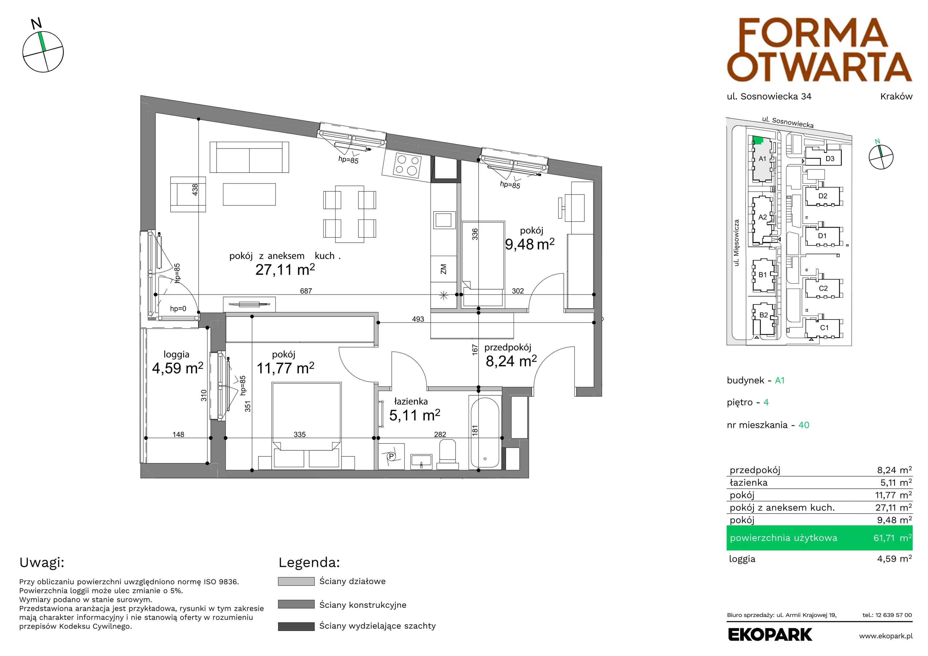 Mieszkanie 61,71 m², piętro 4, oferta nr A1-40, Forma Otwarta, Kraków, Bronowice, Bronowice Wielkie, ul. Sosnowiecka