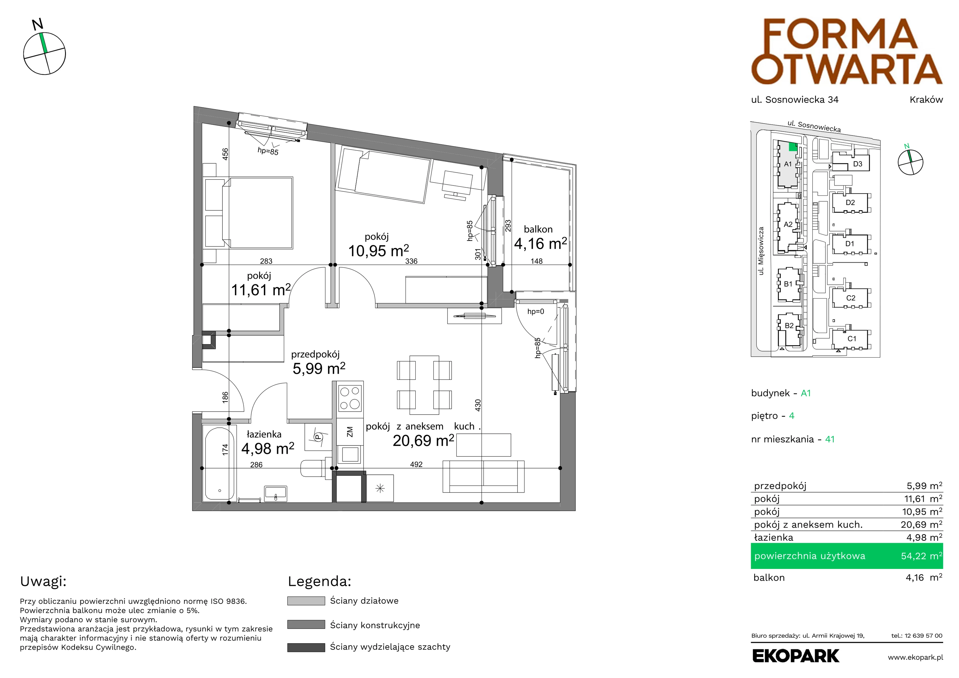 Mieszkanie 54,22 m², piętro 4, oferta nr A1-41, Forma Otwarta, Kraków, Bronowice, Bronowice Wielkie, ul. Sosnowiecka