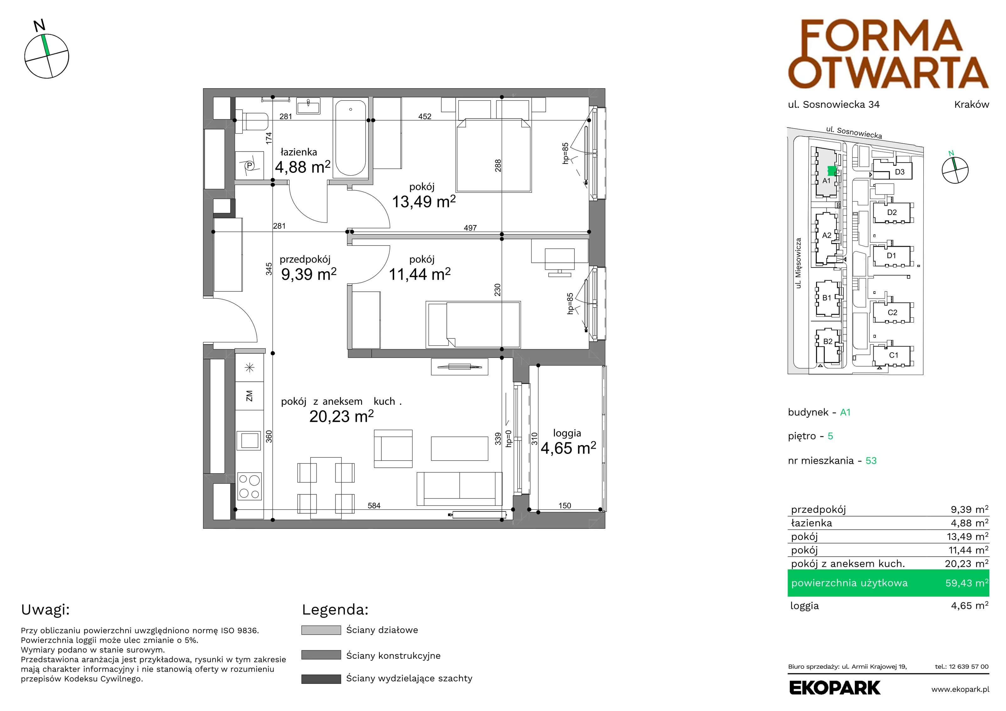 Mieszkanie 59,43 m², piętro 5, oferta nr A1-53, Forma Otwarta, Kraków, Bronowice, Bronowice Wielkie, ul. Sosnowiecka