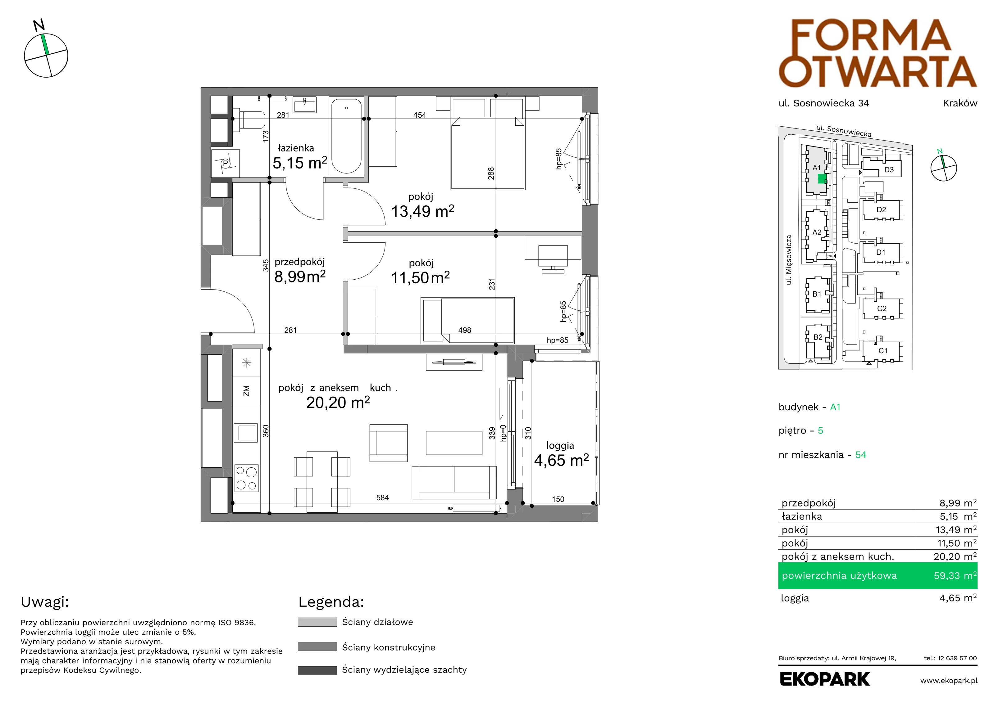 Mieszkanie 59,33 m², piętro 5, oferta nr A1-54, Forma Otwarta, Kraków, Bronowice, Bronowice Wielkie, ul. Sosnowiecka