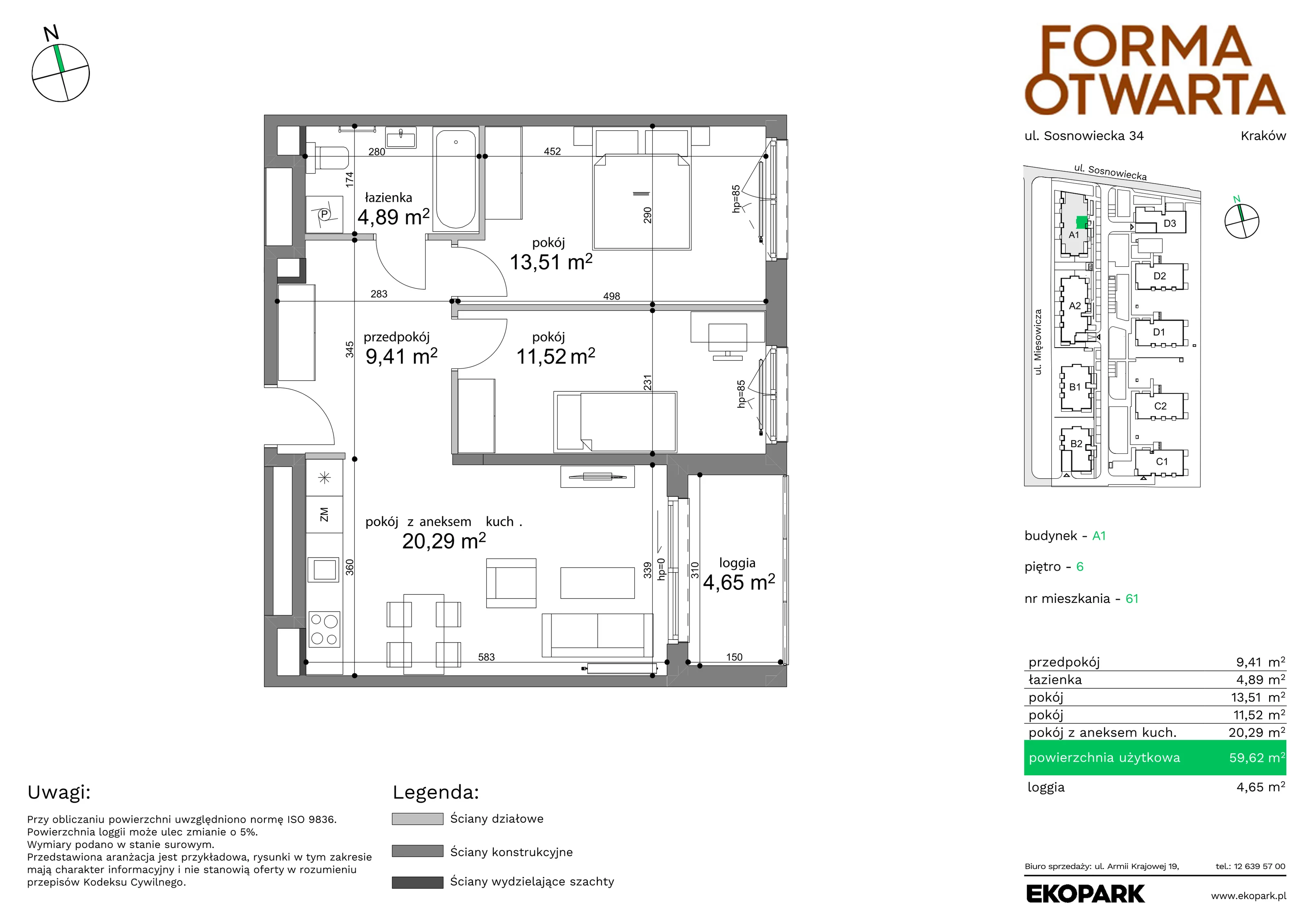 Mieszkanie 59,62 m², piętro 6, oferta nr A1-61, Forma Otwarta, Kraków, Bronowice, Bronowice Wielkie, ul. Sosnowiecka